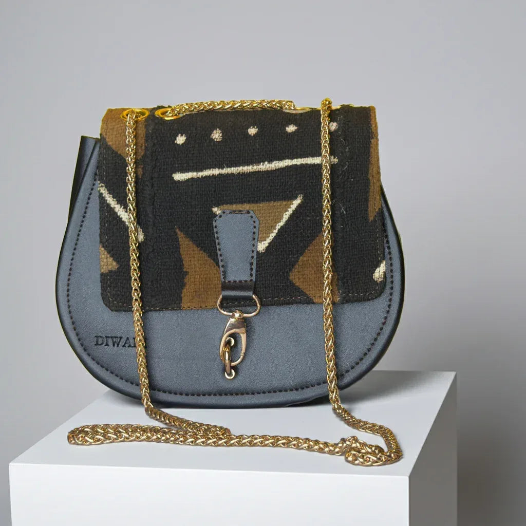African black & brown bogolan pattern shoulder bag - DiwaKi