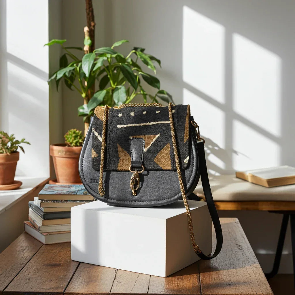 African black & brown bogolan pattern shoulder bag - DiwaKi