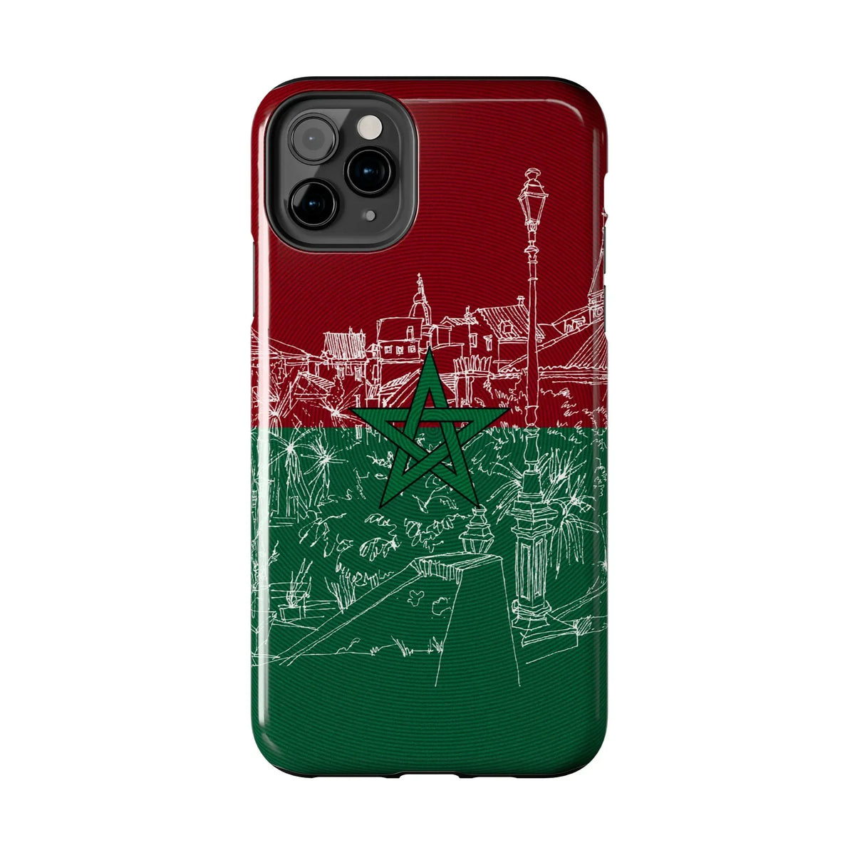 Morocco Flag Sketch Tough Phone Case — Red & Green Casablanca Cityscape - DiwaKi