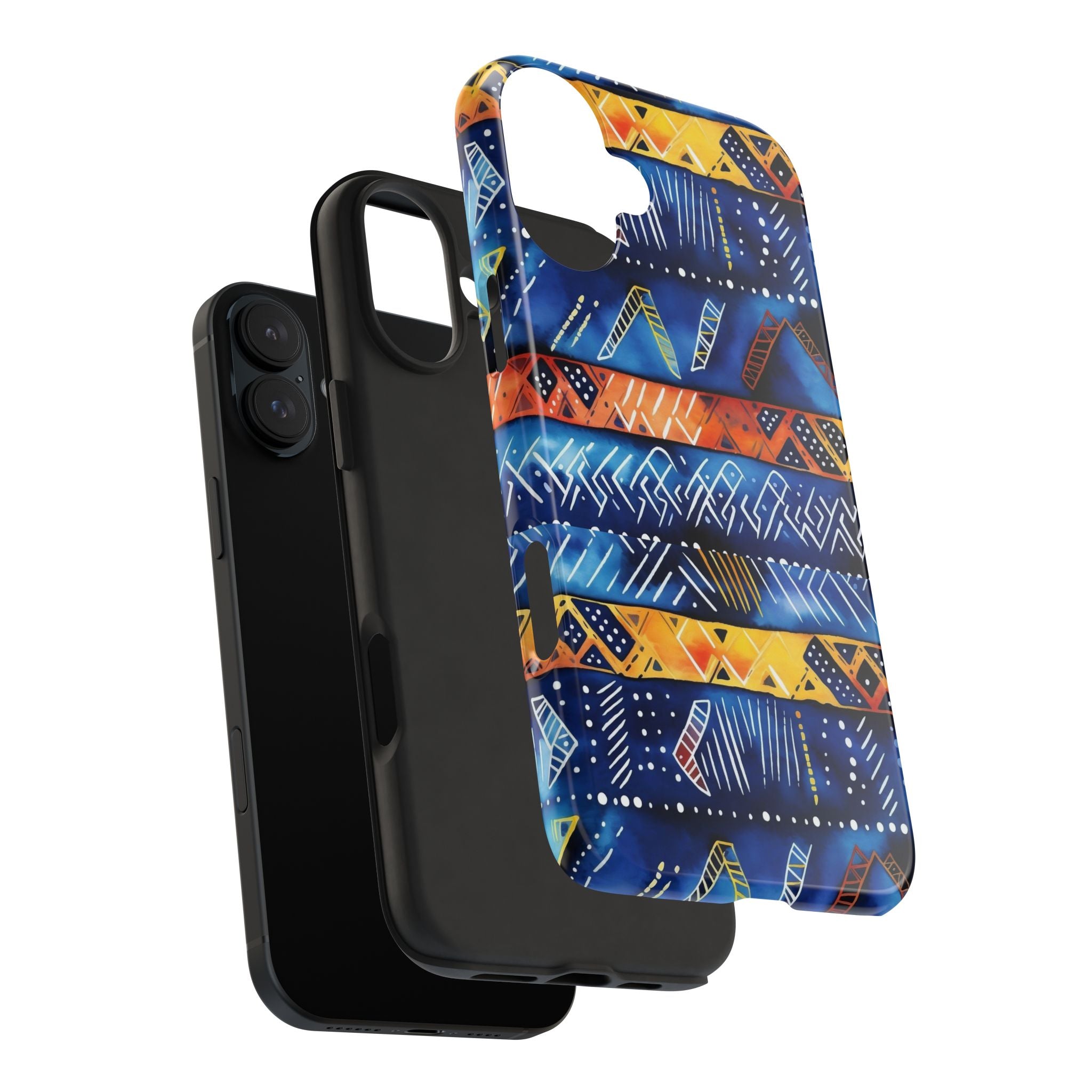 African mudcloth Tribal Indigo Stripe Tough Phone Case — Blue & Orange Geometric Protective Cover