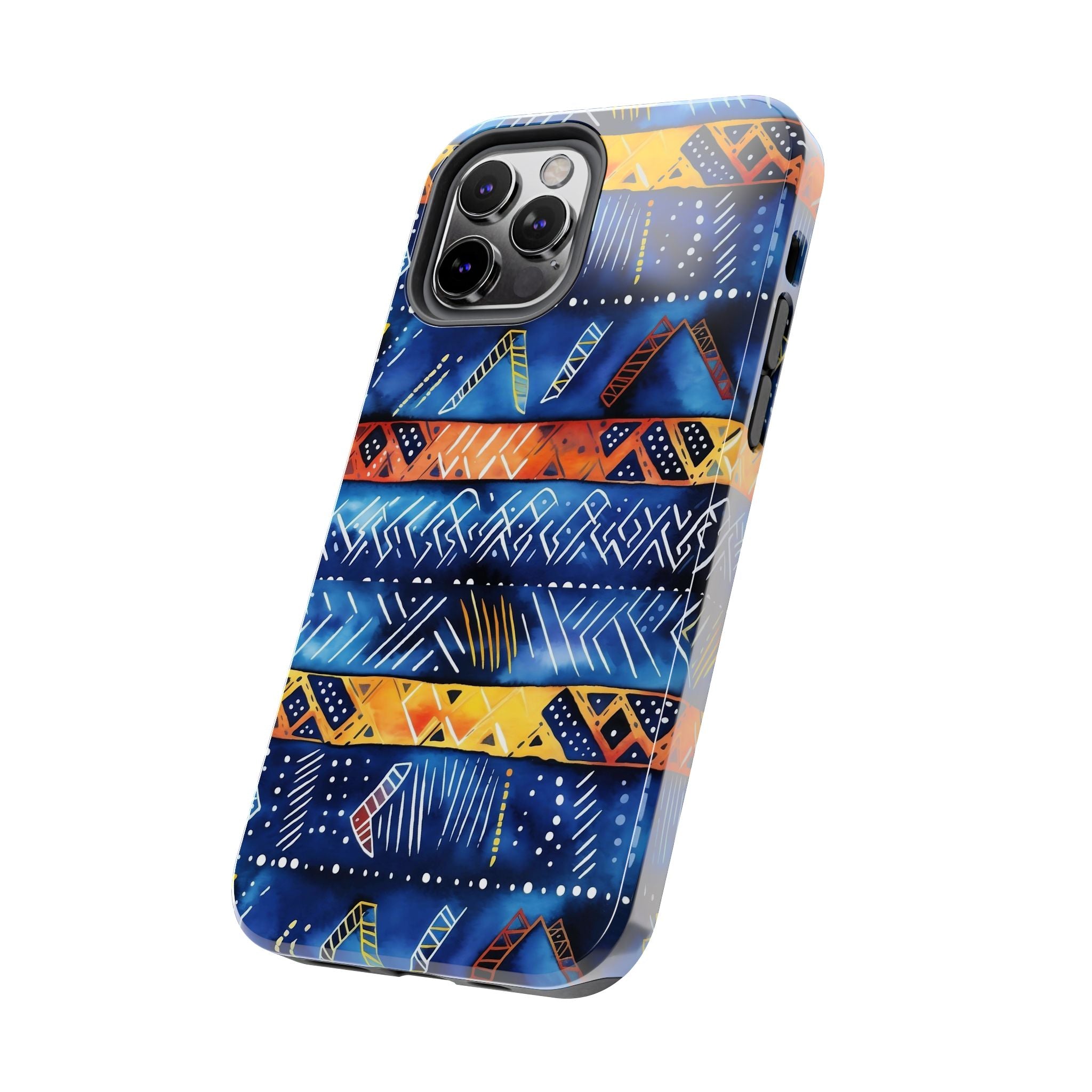 African mudcloth Tribal Indigo Stripe Tough Phone Case — Blue & Orange Geometric Protective Cover