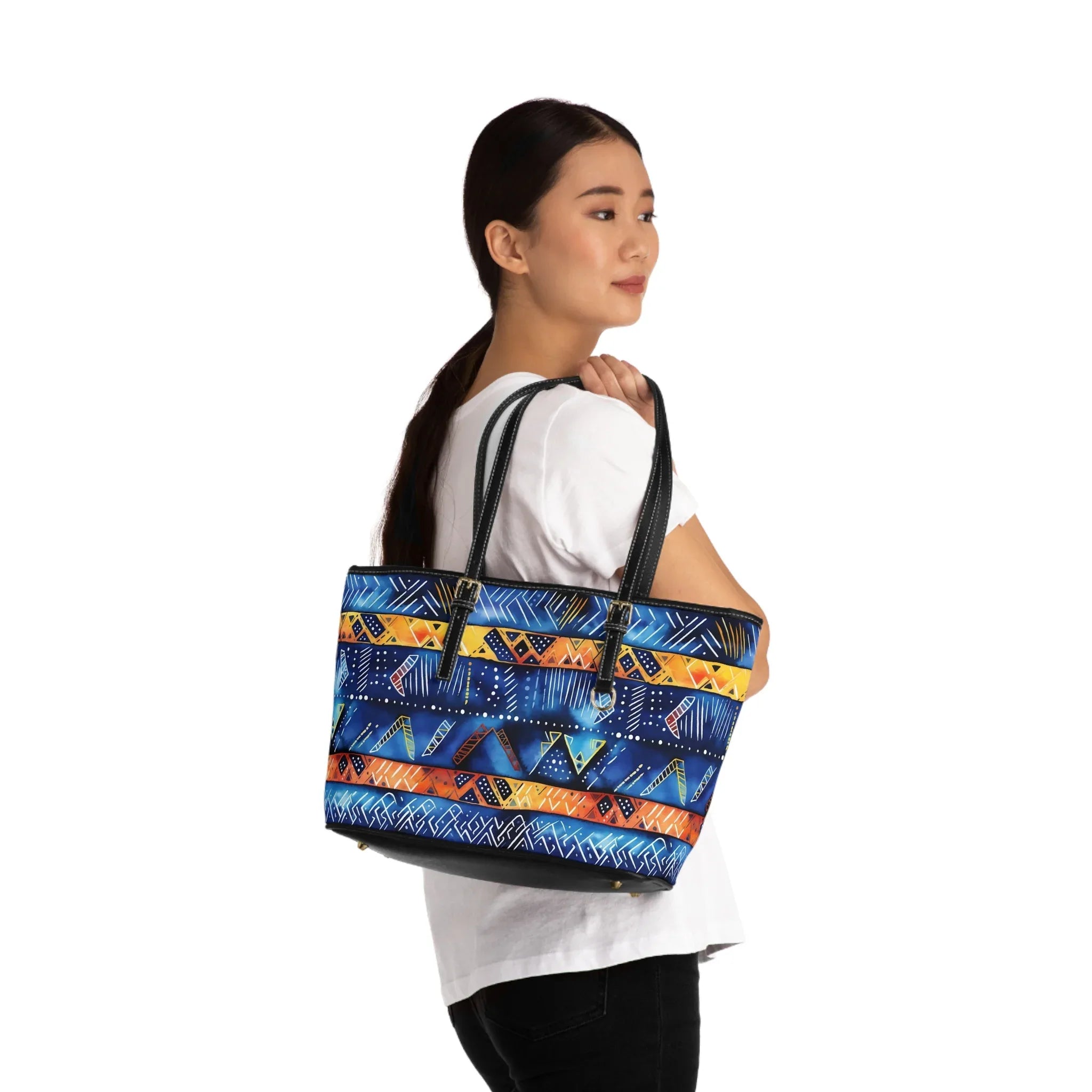 Bogolan Tribal Pattern PU Leather Shoulder Bag – Colorful African Tote - DiwaKi