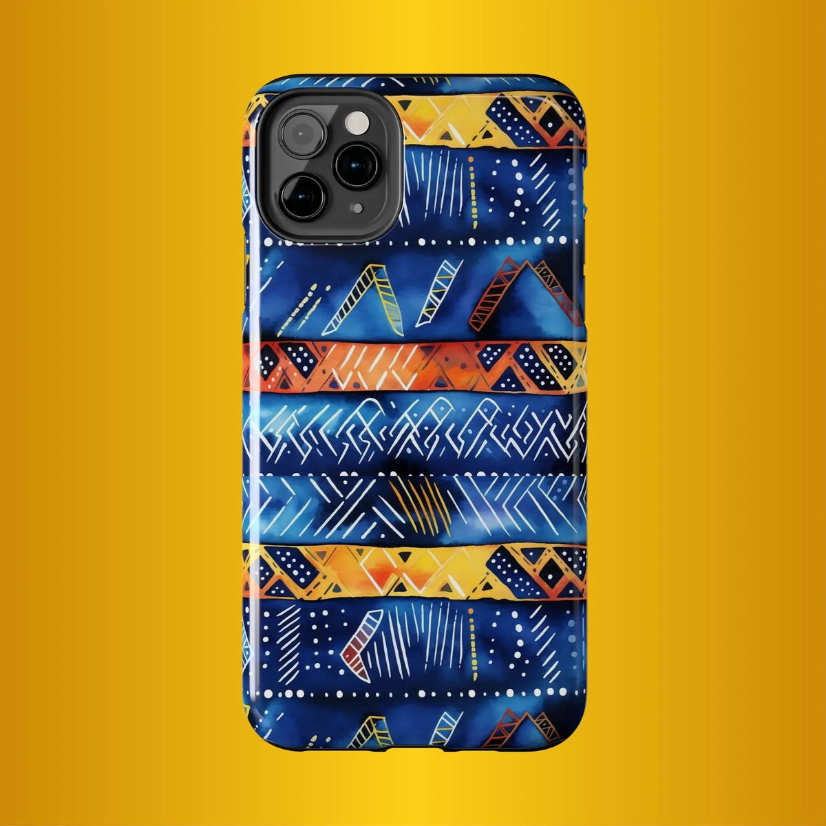 African mudcloth Tribal Indigo Stripe Tough Phone Case — Blue & Orange Geometric Protective Cover - DiwaKi