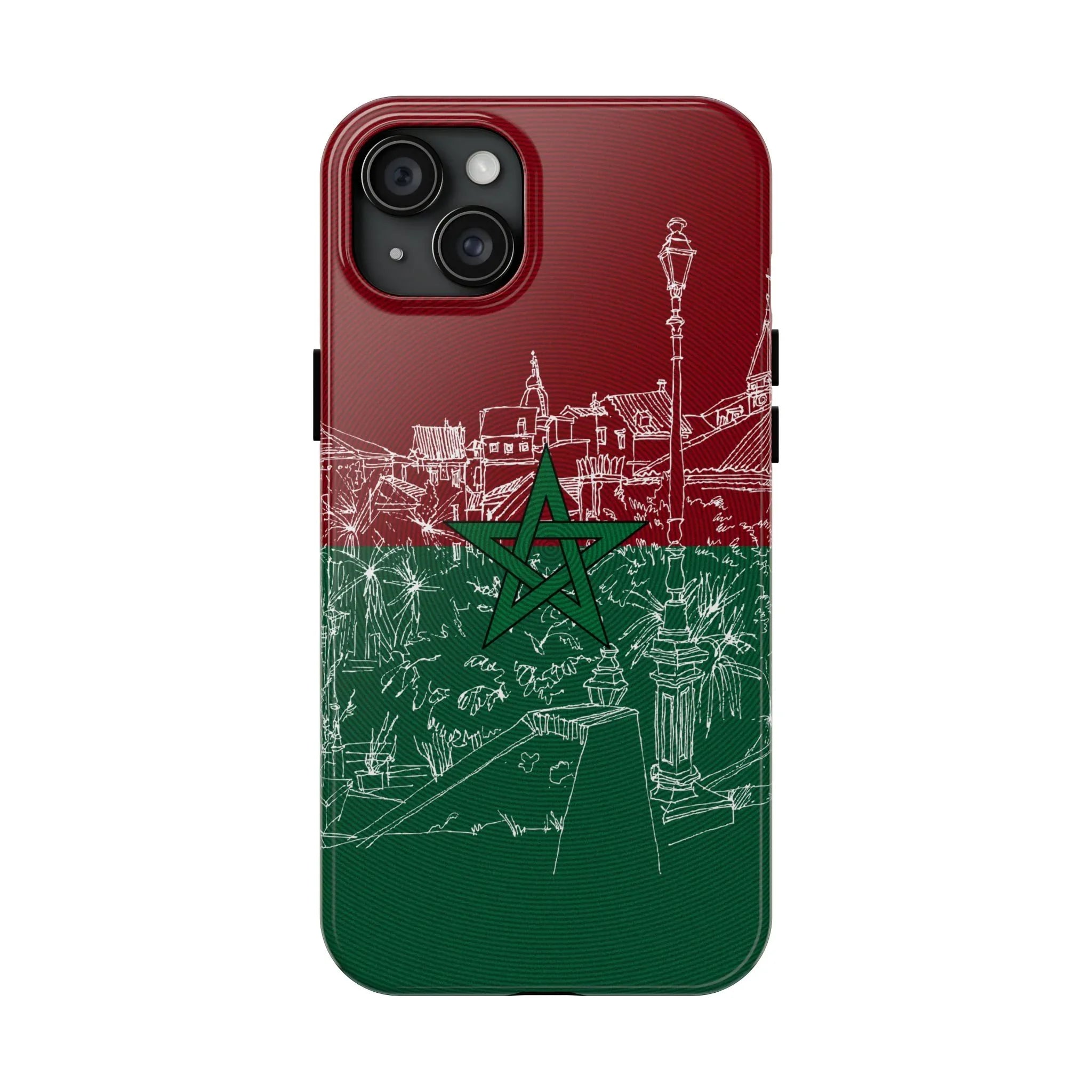 Morocco Flag Sketch Tough Phone Case — Red & Green Casablanca Cityscape - DiwaKi