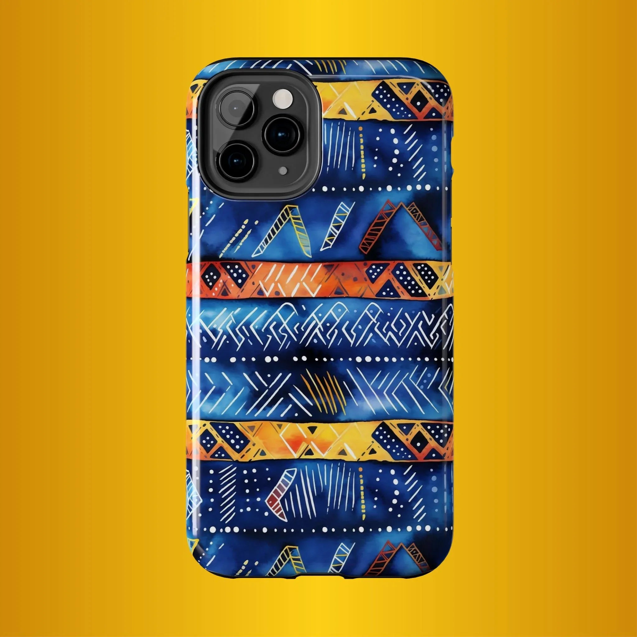 African mudcloth Tribal Indigo Stripe Tough Phone Case — Blue & Orange Geometric Protective Cover - DiwaKi