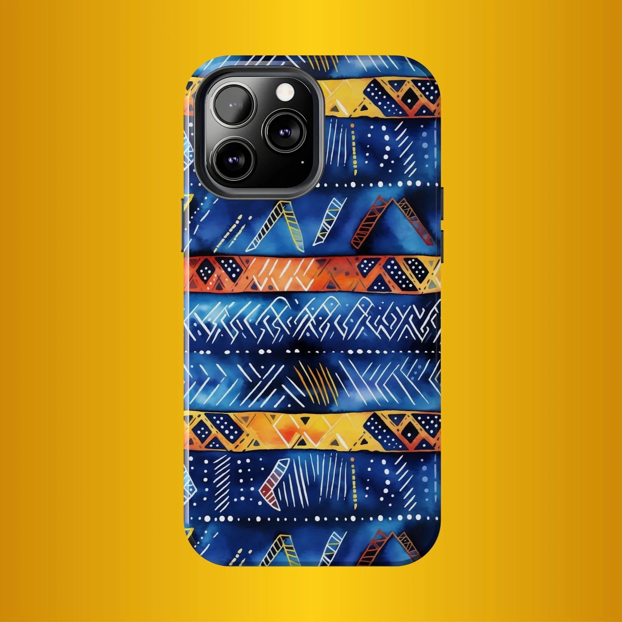 African mudcloth Tribal Indigo Stripe Tough Phone Case — Blue & Orange Geometric Protective Cover - DiwaKi