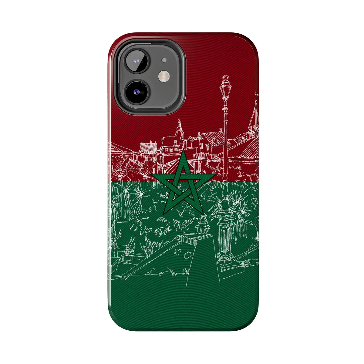 Morocco Flag Sketch Tough Phone Case — Red & Green Casablanca Cityscape - DiwaKi
