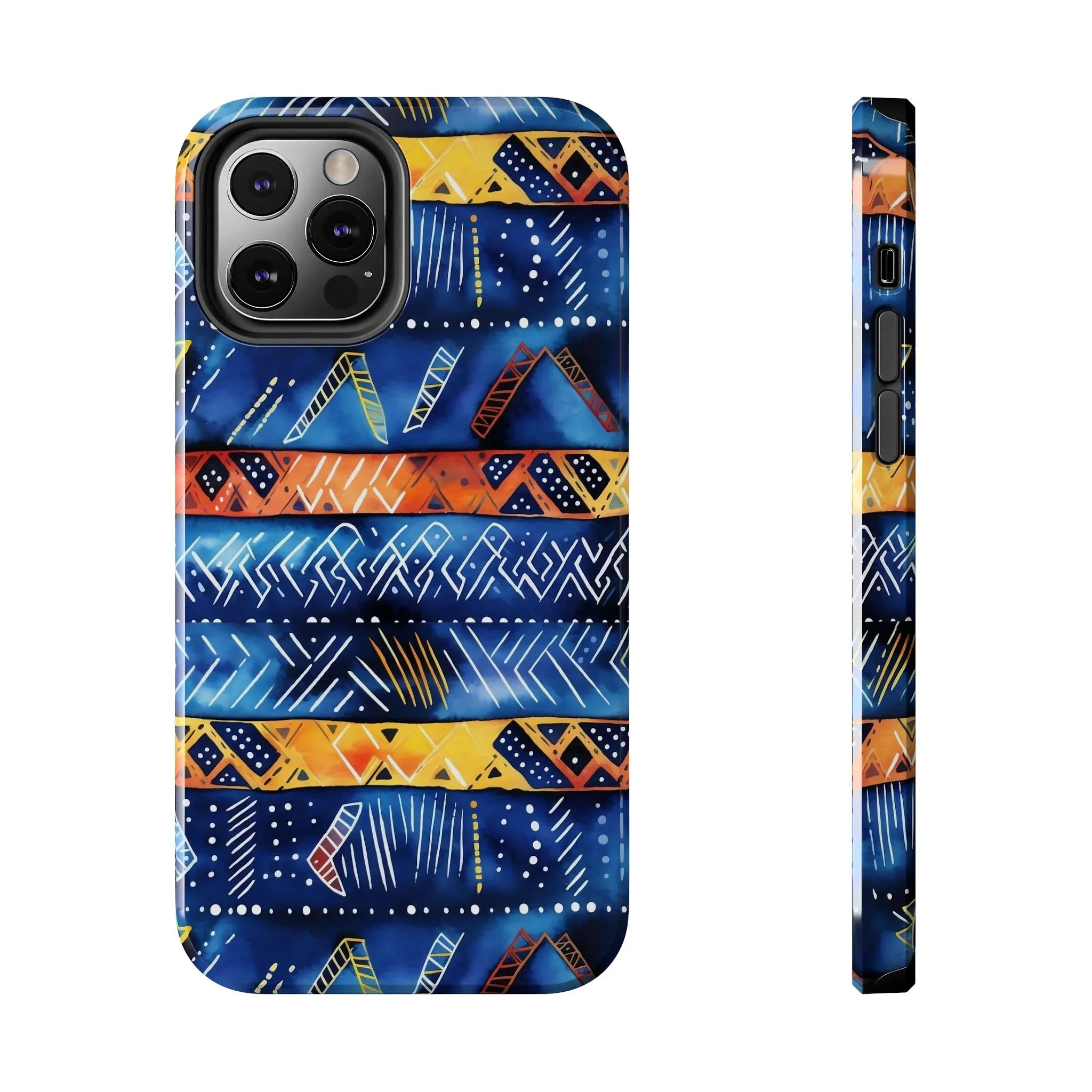 African mudcloth Tribal Indigo Stripe Tough Phone Case — Blue & Orange Geometric Protective Cover - DiwaKi