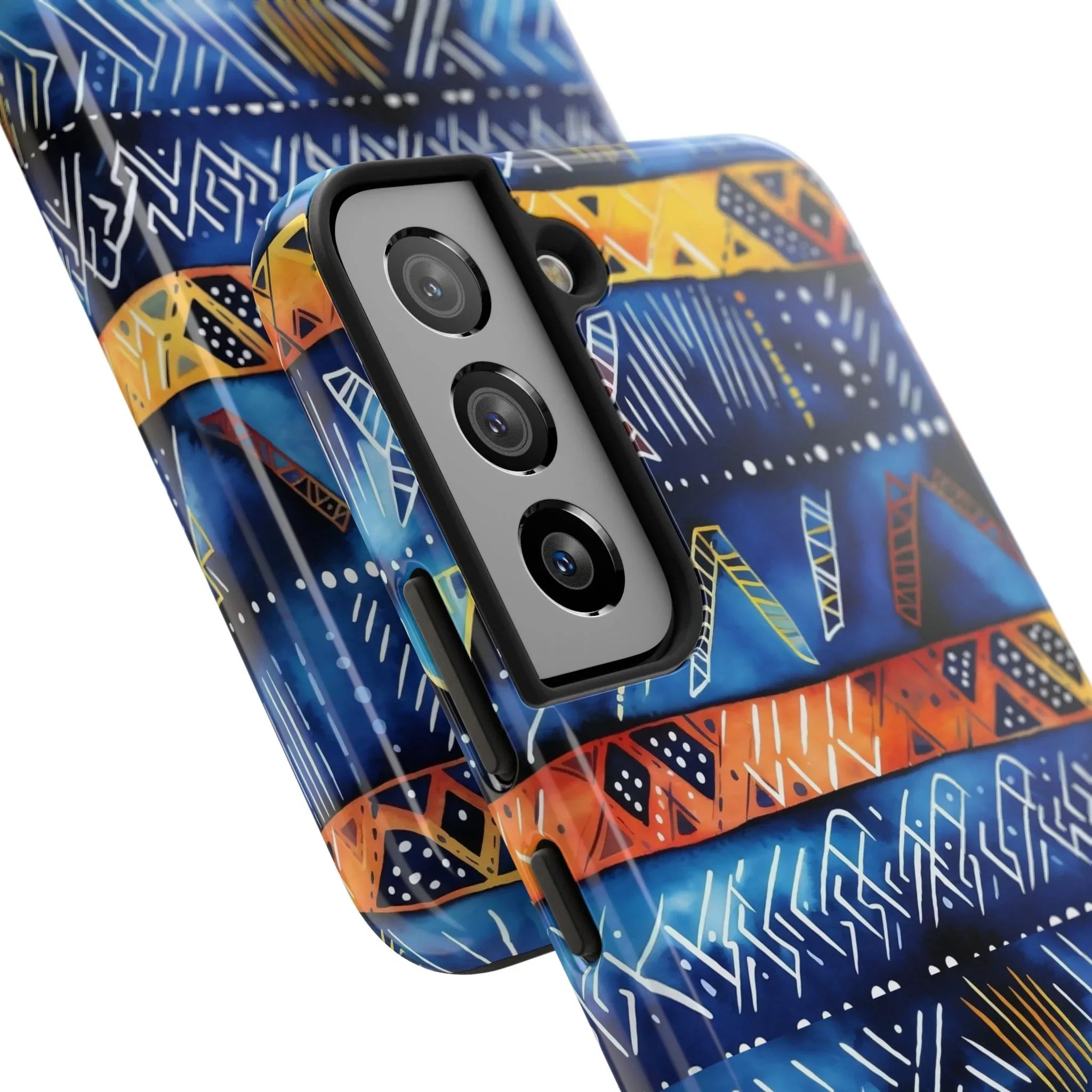 African mudcloth Tribal Indigo Stripe Tough Phone Case — Blue & Orange Geometric Protective Cover - DiwaKi