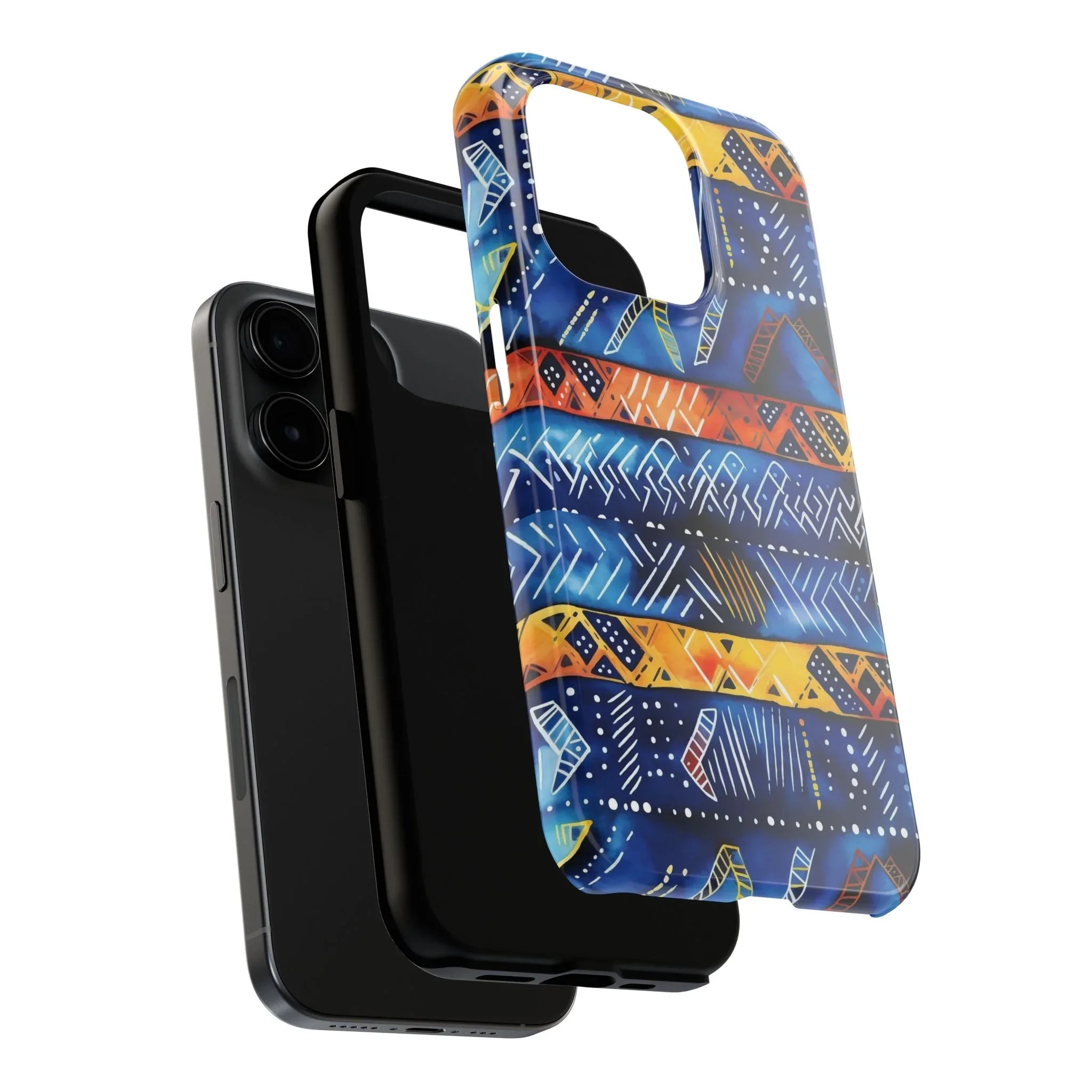 African mudcloth Tribal Indigo Stripe Tough Phone Case — Blue & Orange Geometric Protective Cover - DiwaKi