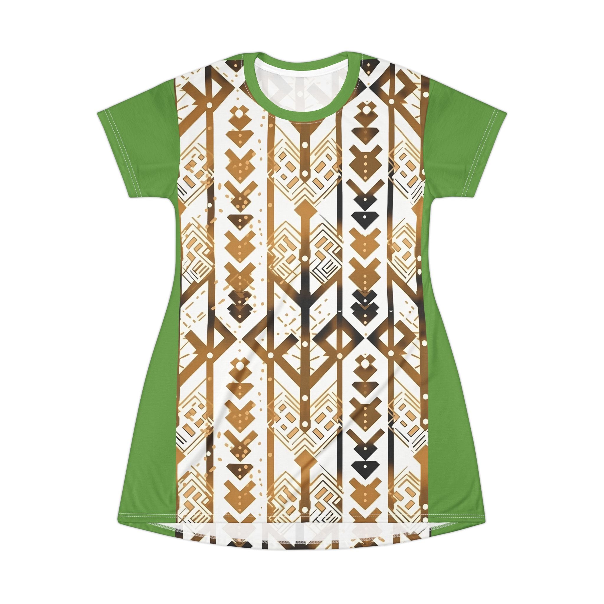 Green Tribal Arrow T-Shirt Dress — Boho Geometric All-Over Print