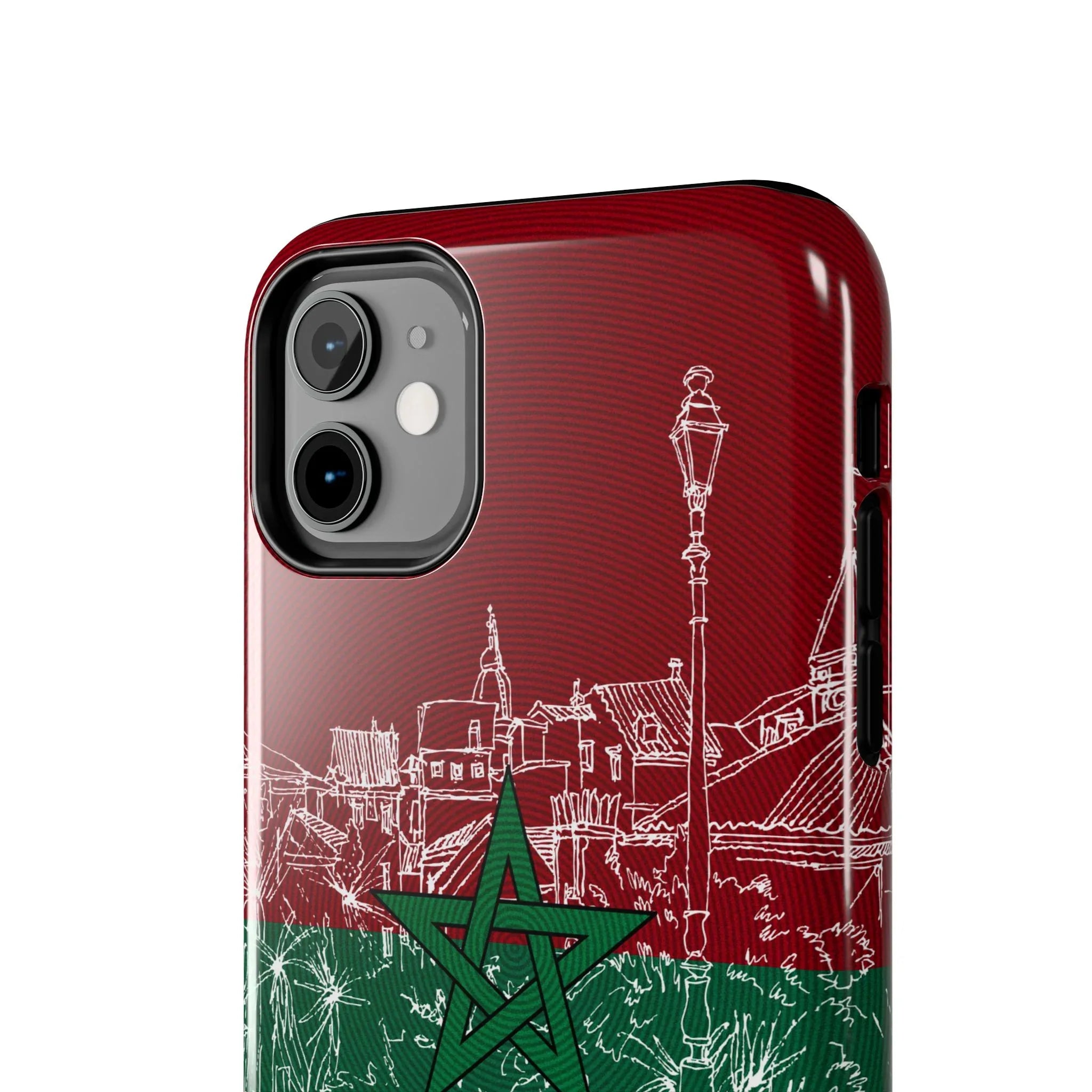 Morocco Flag Sketch Tough Phone Case — Red & Green Casablanca Cityscape - DiwaKi