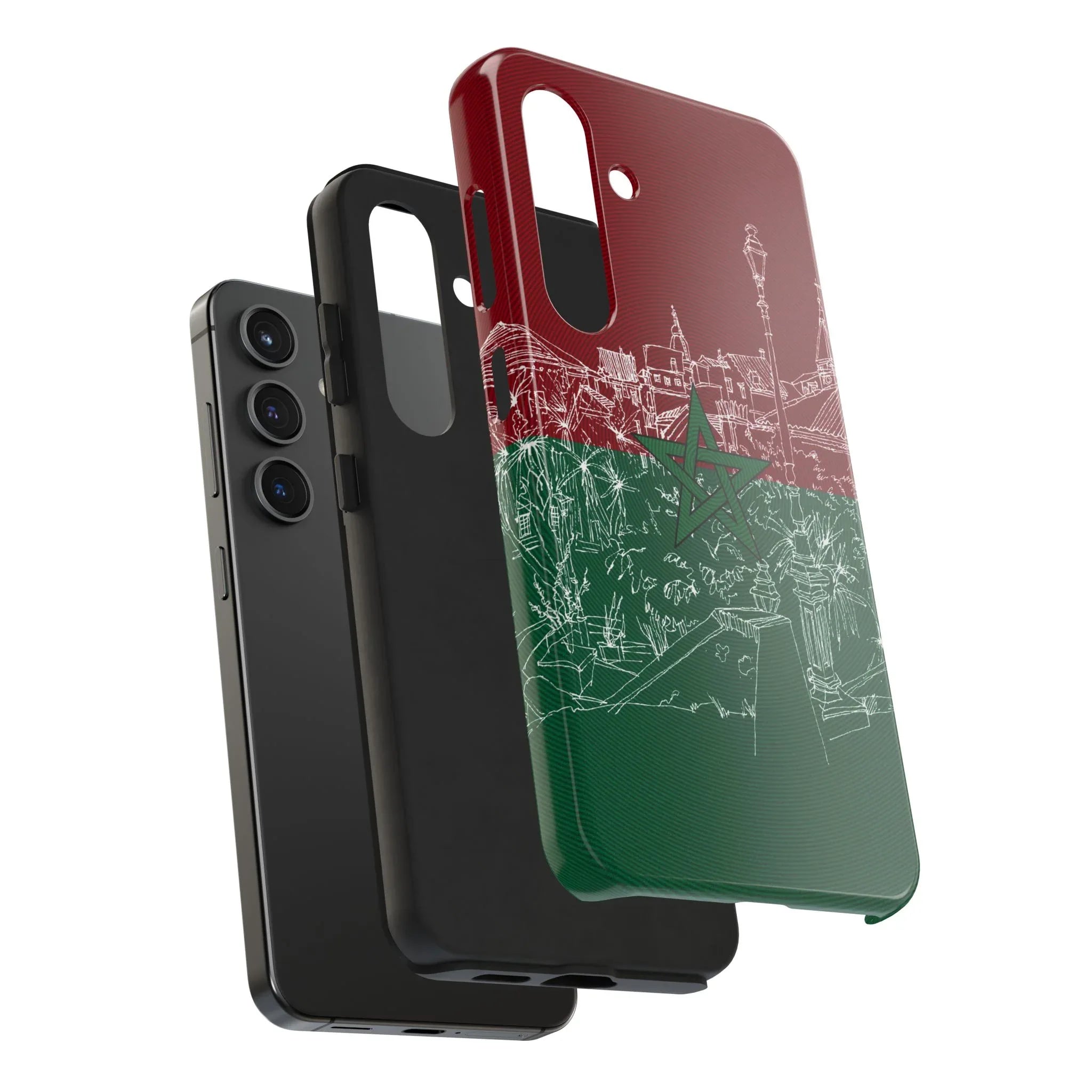 Morocco Flag Sketch Tough Phone Case — Red & Green Casablanca Cityscape - DiwaKi