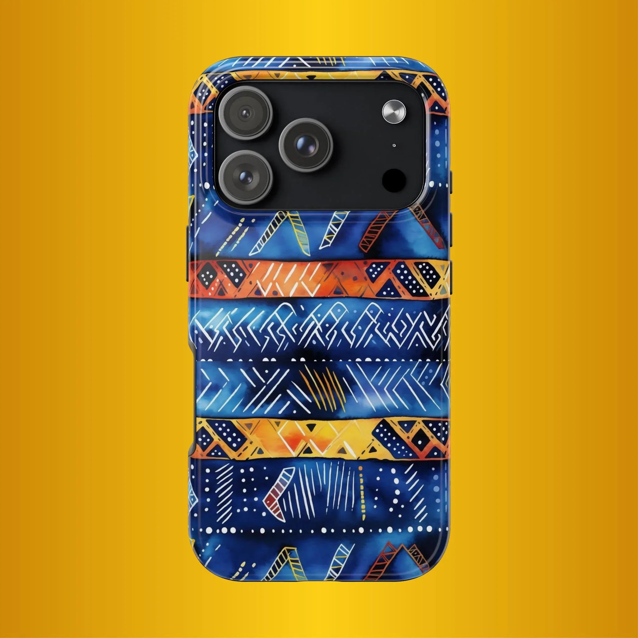 African mudcloth Tribal Indigo Stripe Tough Phone Case — Blue & Orange Geometric Protective Cover - DiwaKi
