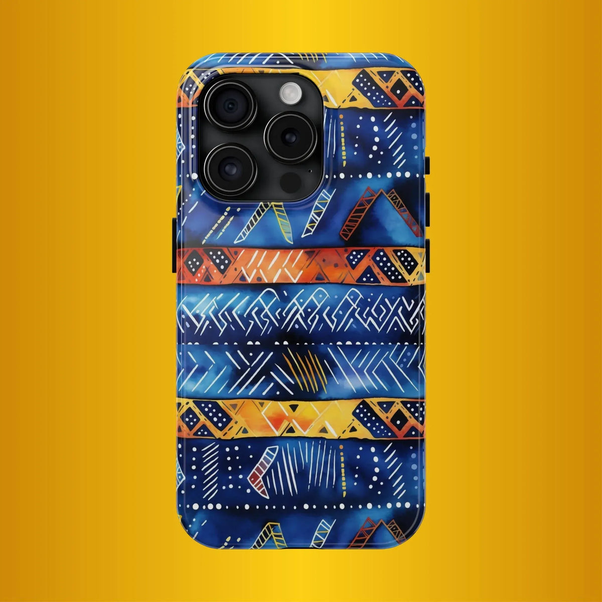 African mudcloth Tribal Indigo Stripe Tough Phone Case — Blue & Orange Geometric Protective Cover - DiwaKi