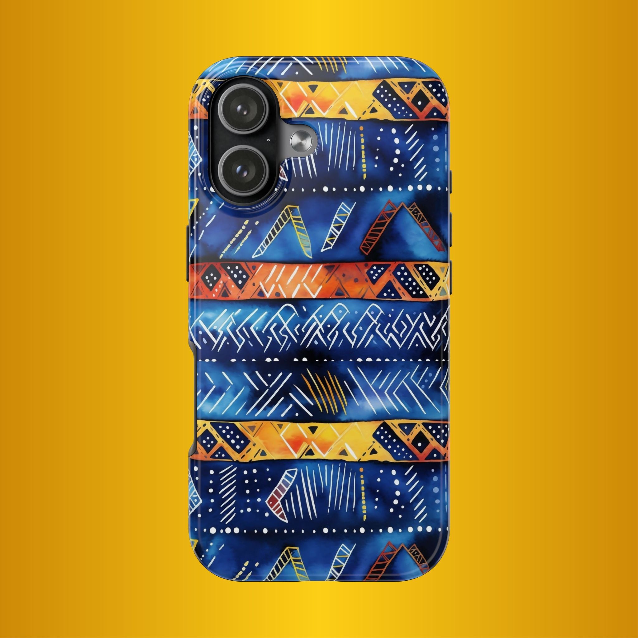 African mudcloth Tribal Indigo Stripe Tough Phone Case — Blue & Orange Geometric Protective Cover - DiwaKi