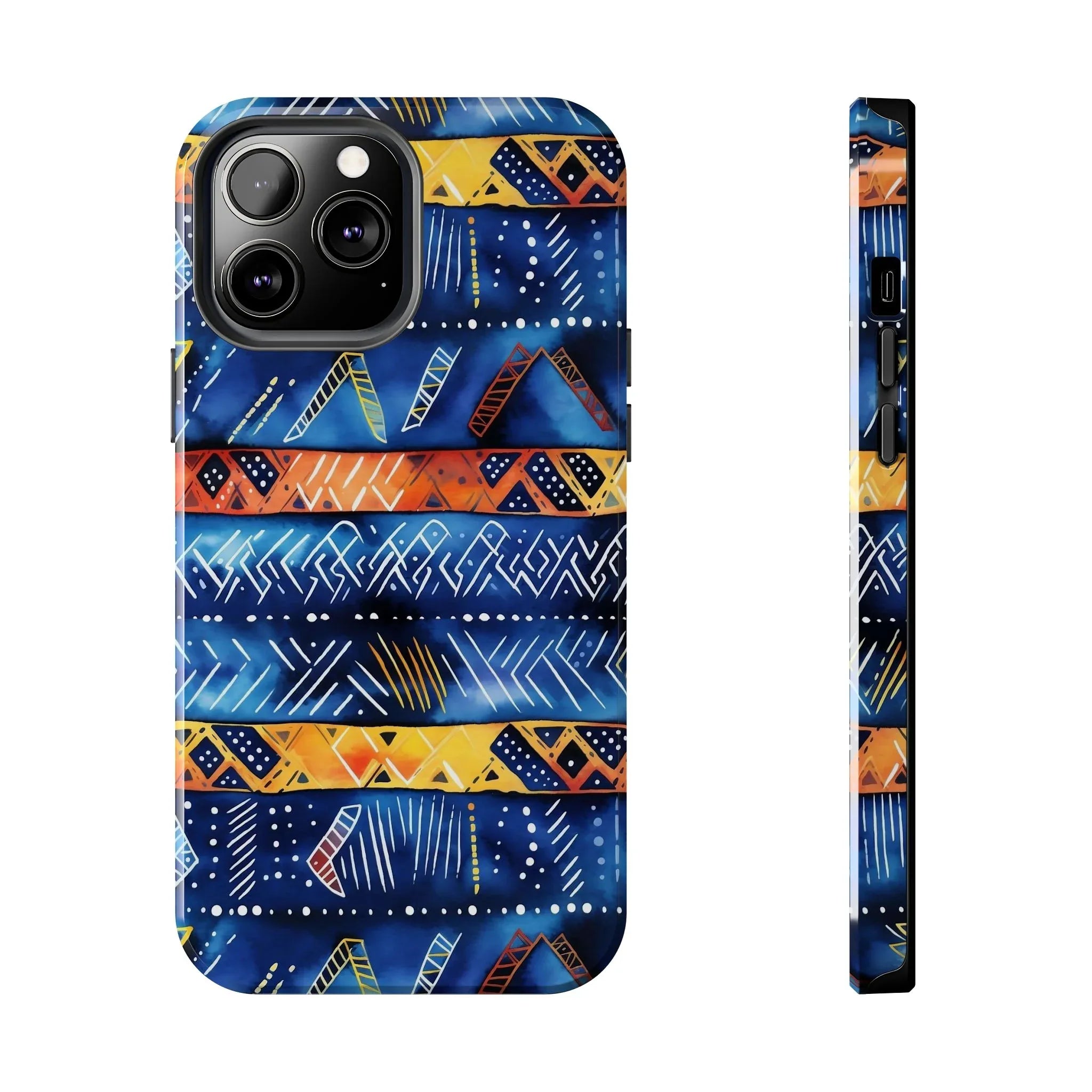 African mudcloth Tribal Indigo Stripe Tough Phone Case — Blue & Orange Geometric Protective Cover - DiwaKi