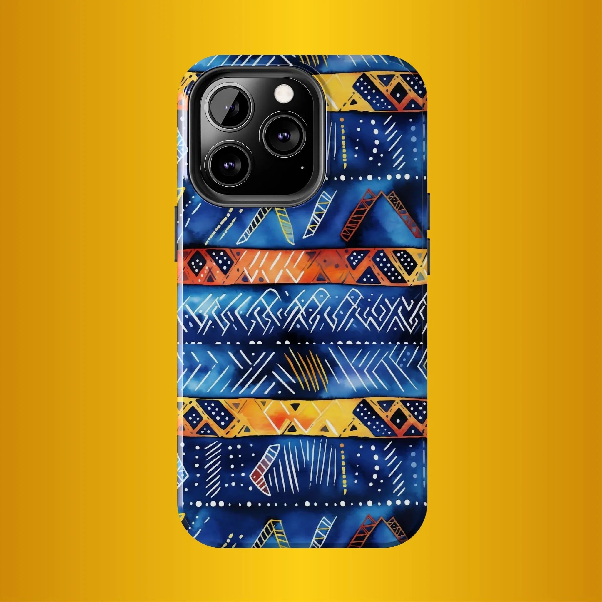 African mudcloth Tribal Indigo Stripe Tough Phone Case — Blue & Orange Geometric Protective Cover - DiwaKi