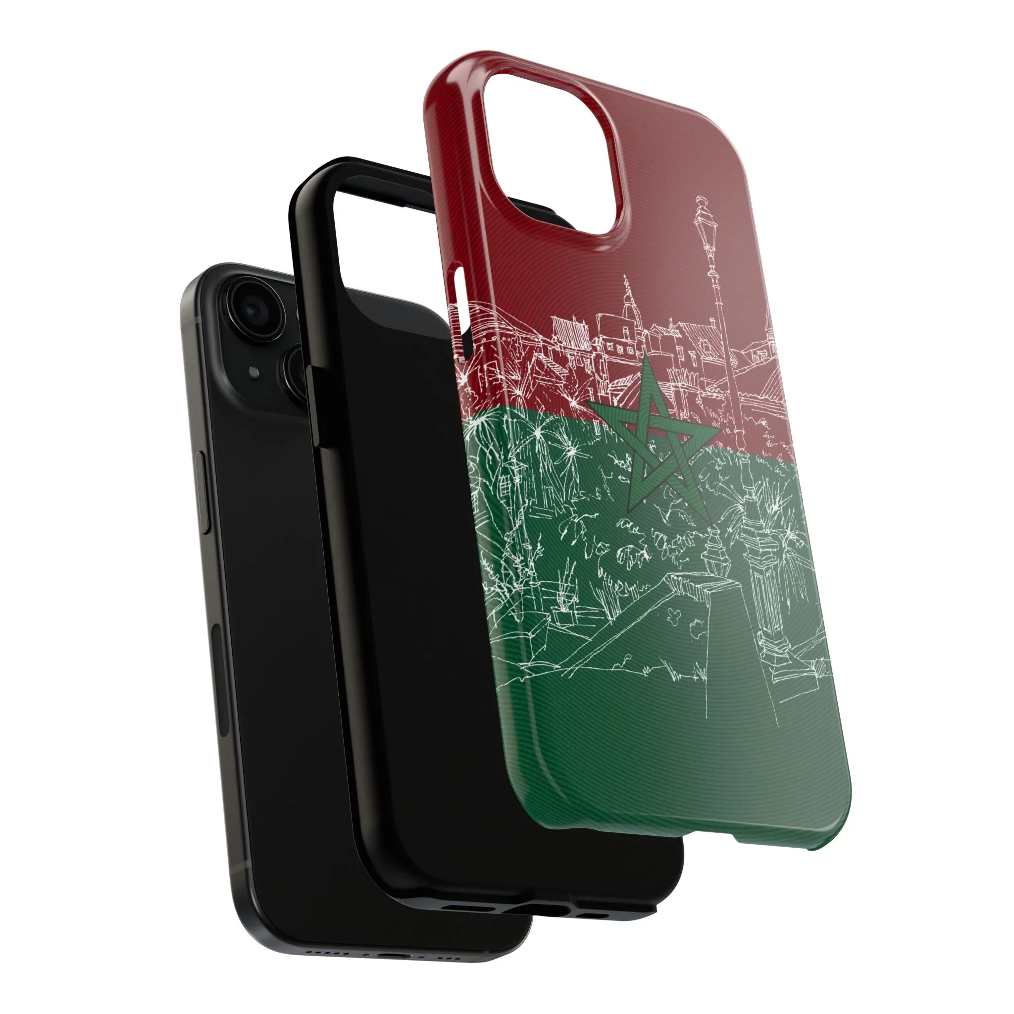 Morocco Flag Sketch Tough Phone Case — Red & Green Casablanca Cityscape - DiwaKi