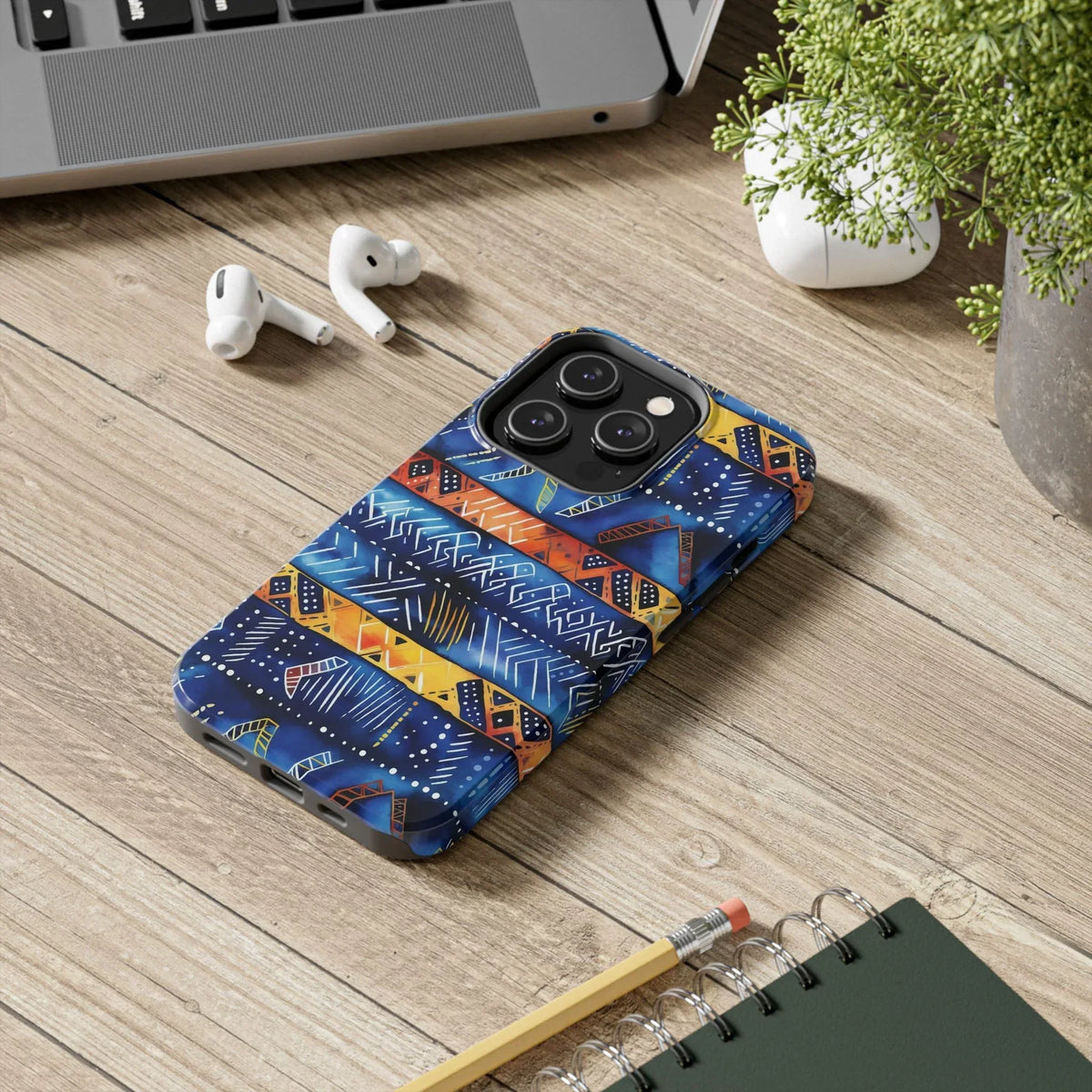 African mudcloth Tribal Indigo Stripe Tough Phone Case — Blue & Orange Geometric Protective Cover - DiwaKi