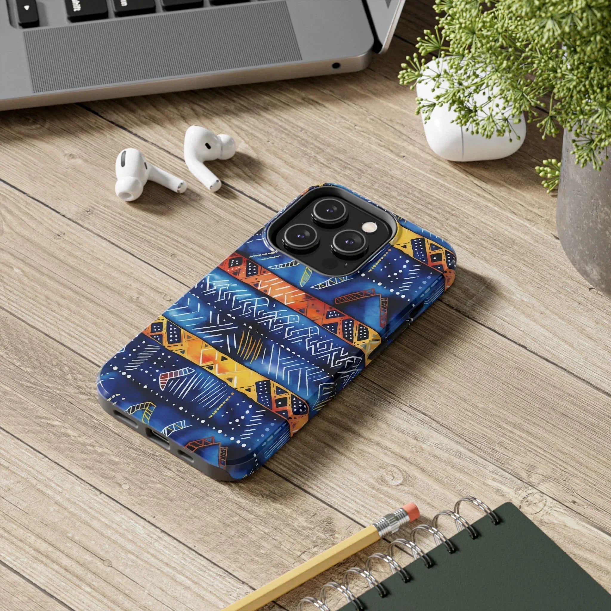 African mudcloth Tribal Indigo Stripe Tough Phone Case — Blue & Orange Geometric Protective Cover - DiwaKi