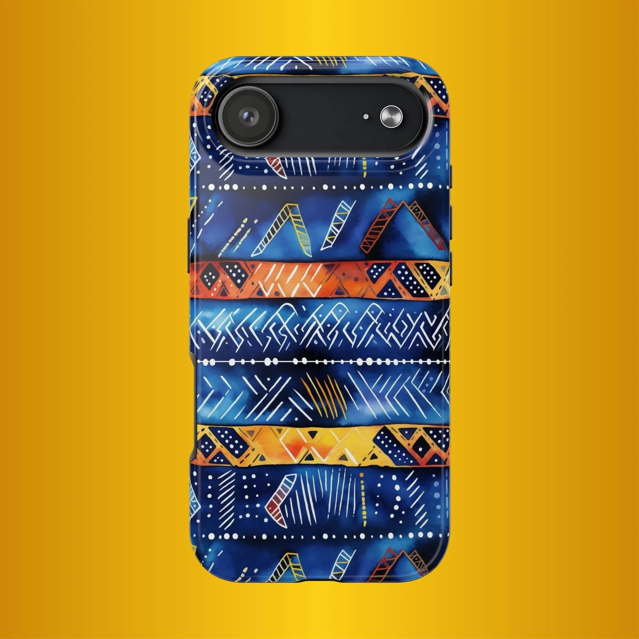African mudcloth Tribal Indigo Stripe Tough Phone Case — Blue & Orange Geometric Protective Cover - DiwaKi