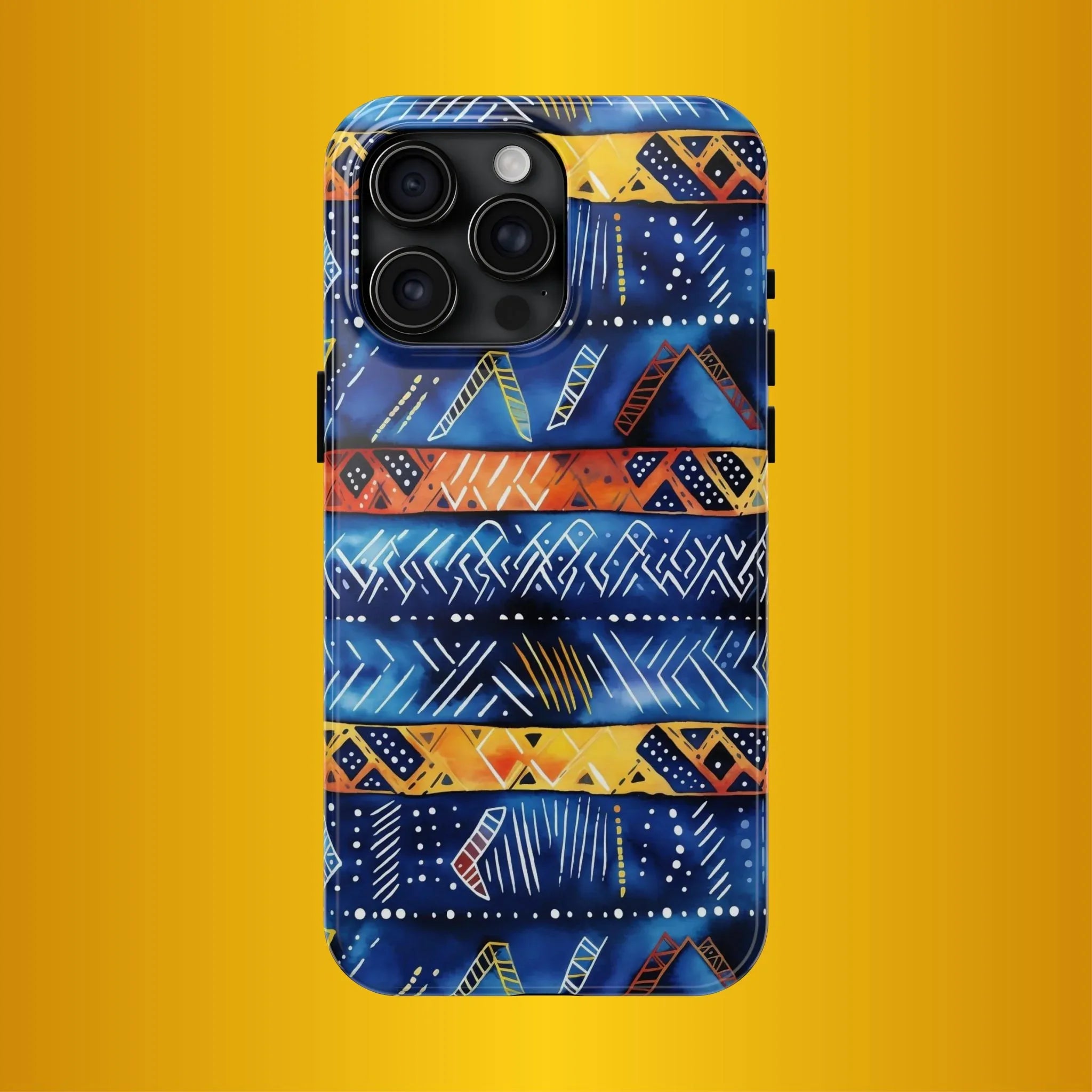 African mudcloth Tribal Indigo Stripe Tough Phone Case — Blue & Orange Geometric Protective Cover - DiwaKi