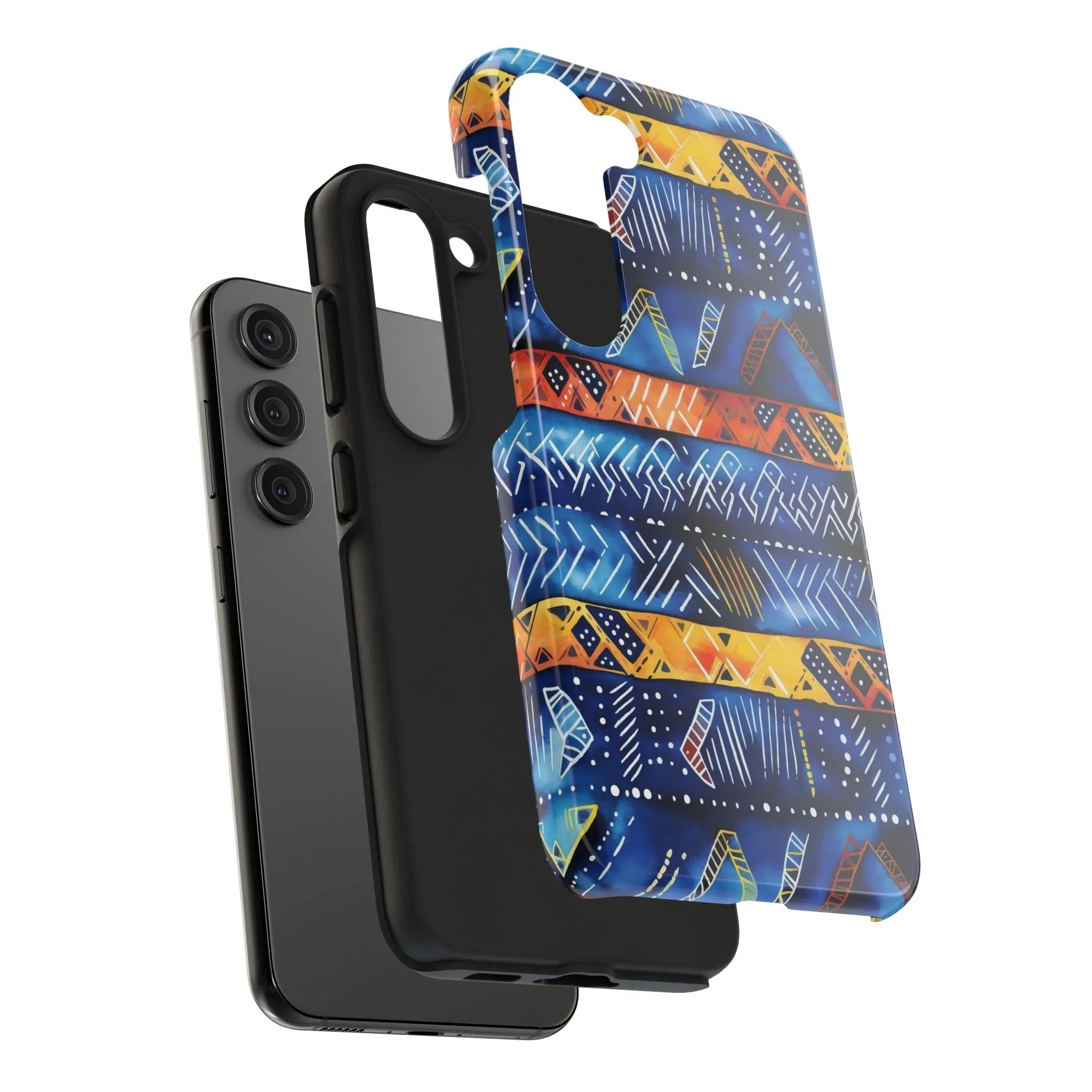 African mudcloth Tribal Indigo Stripe Tough Phone Case — Blue & Orange Geometric Protective Cover - DiwaKi