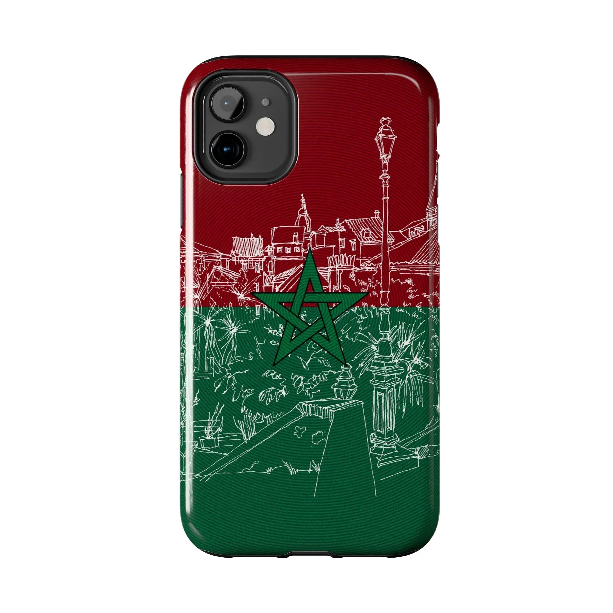 Morocco Flag Sketch Tough Phone Case — Red & Green Casablanca Cityscape - DiwaKi