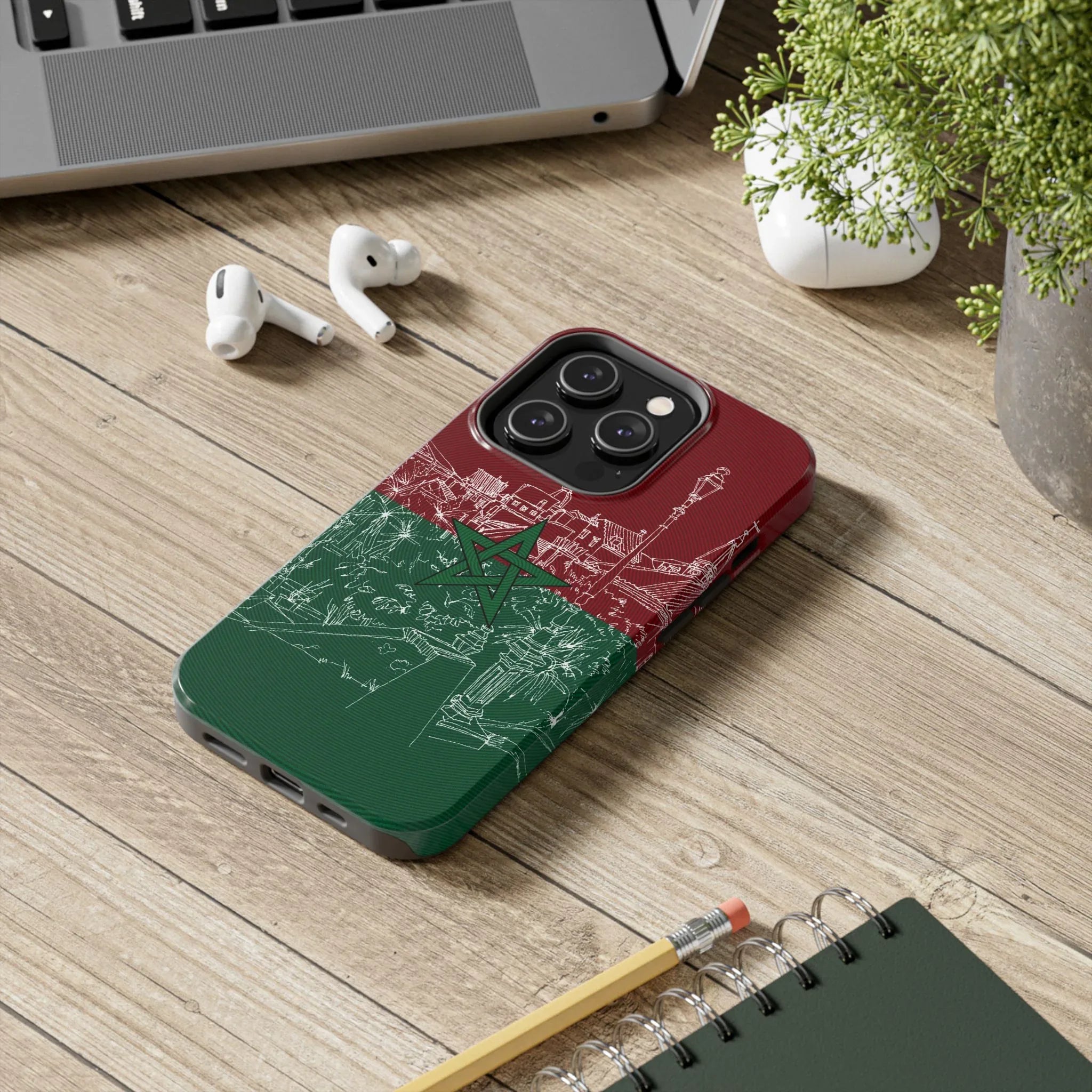 Morocco Flag Sketch Tough Phone Case — Red & Green Casablanca Cityscape - DiwaKi