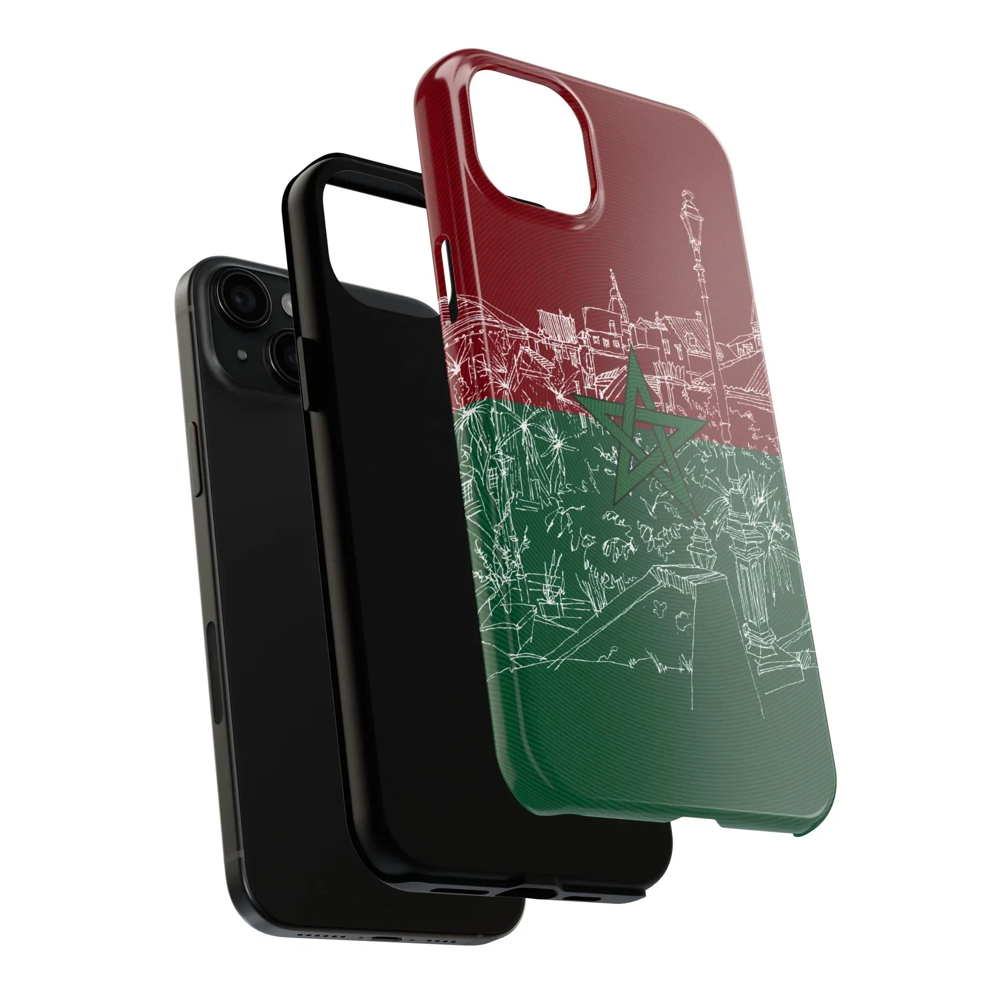 Morocco Flag Sketch Tough Phone Case — Red & Green Casablanca Cityscape - DiwaKi