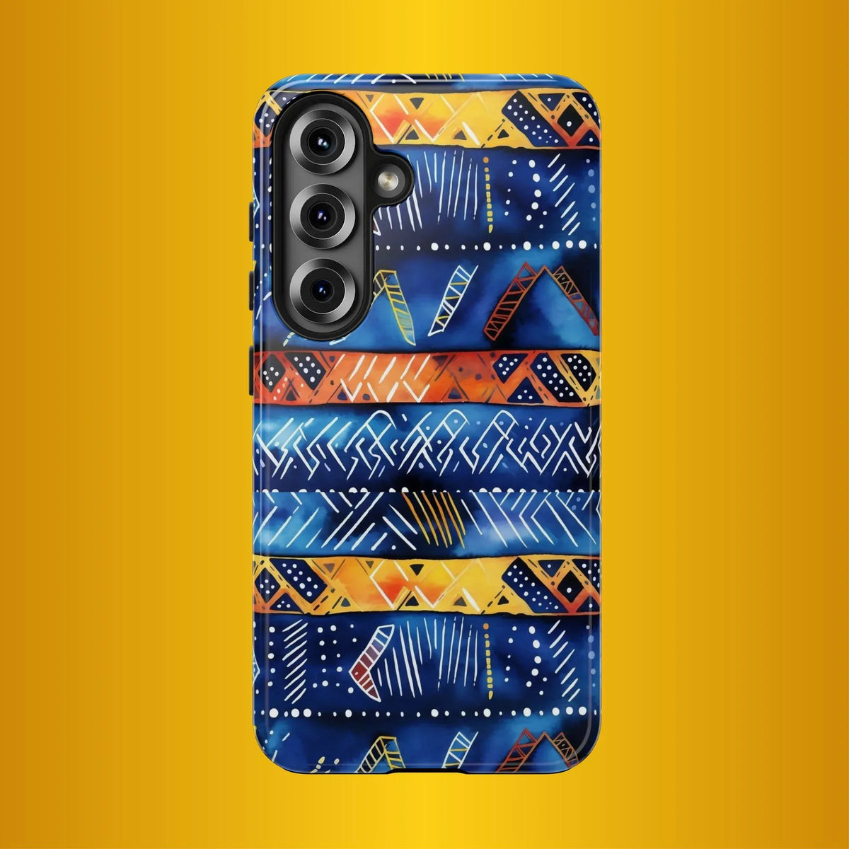 African mudcloth Tribal Indigo Stripe Tough Phone Case — Blue & Orange Geometric Protective Cover - DiwaKi