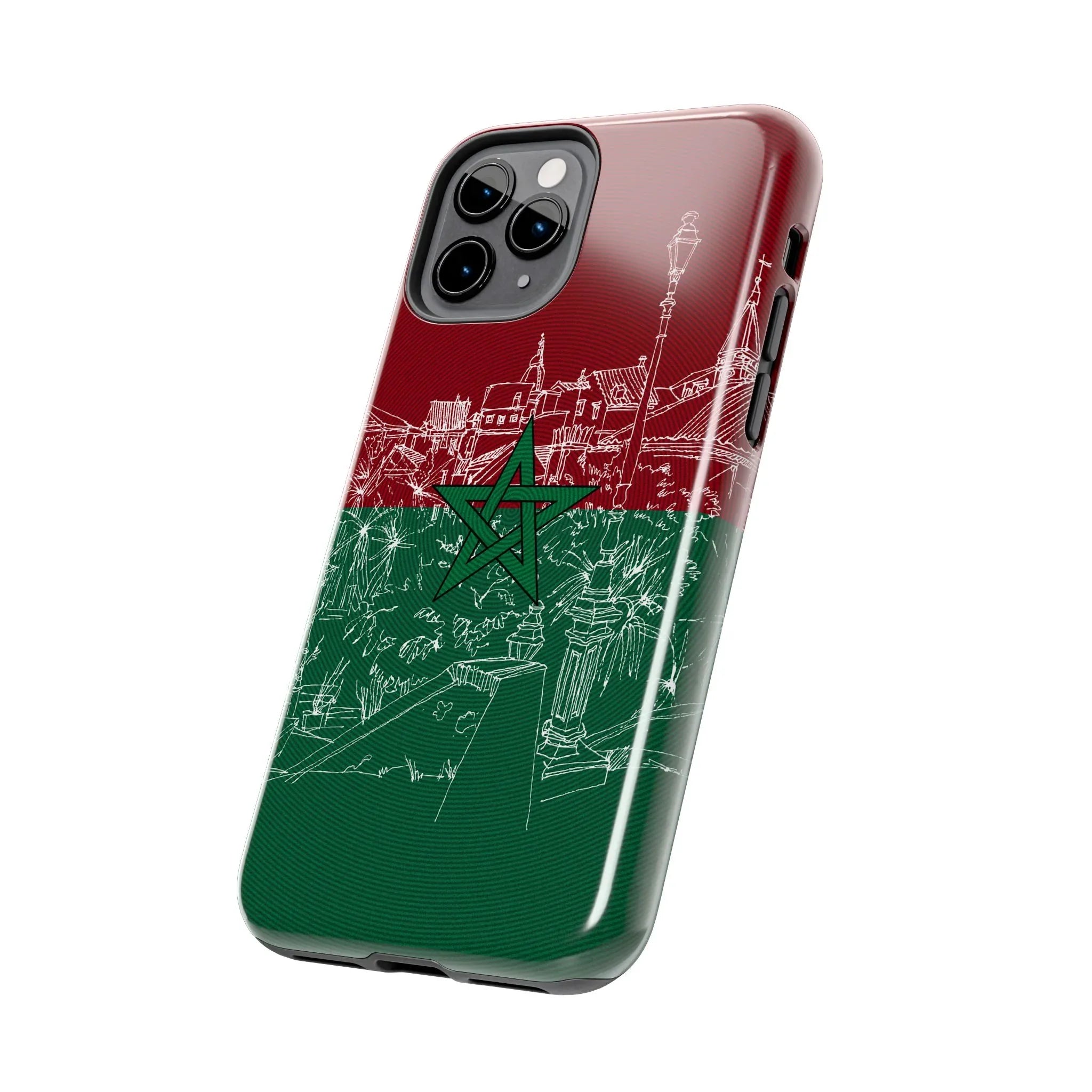 Morocco Flag Sketch Tough Phone Case — Red & Green Casablanca Cityscape - DiwaKi
