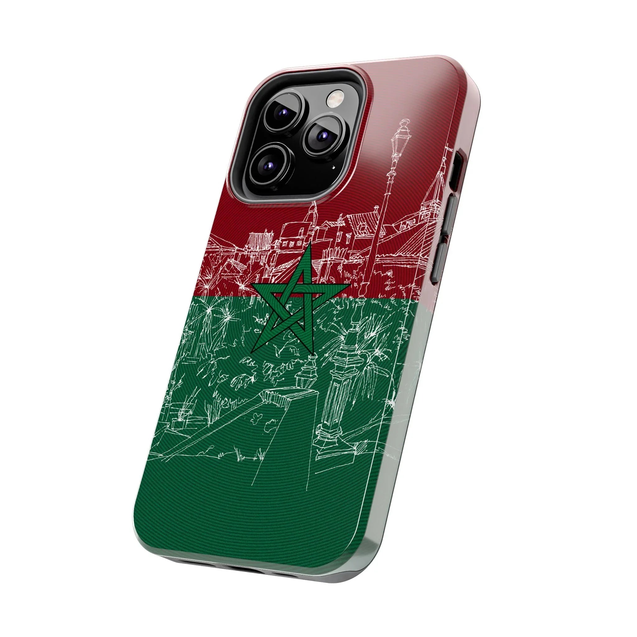 Morocco Flag Sketch Tough Phone Case — Red & Green Casablanca Cityscape - DiwaKi