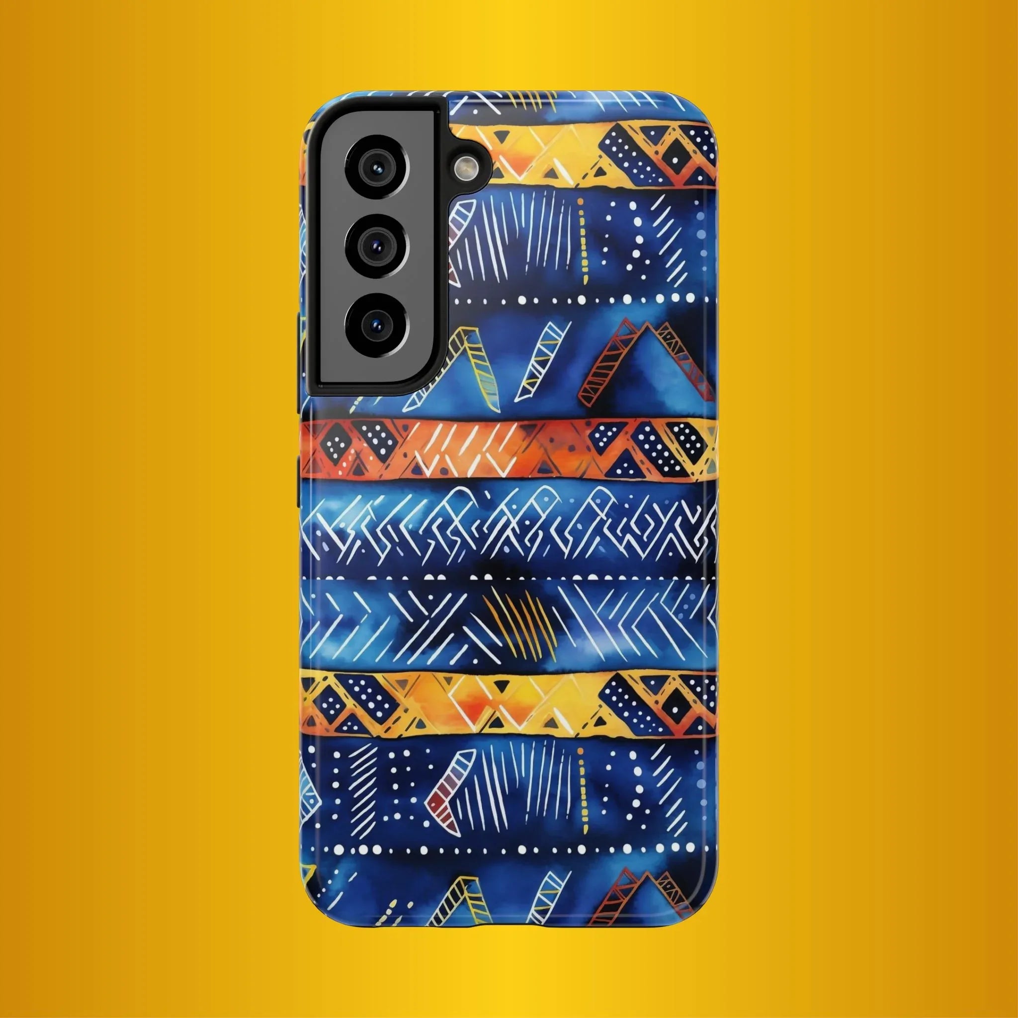 African mudcloth Tribal Indigo Stripe Tough Phone Case — Blue & Orange Geometric Protective Cover - DiwaKi