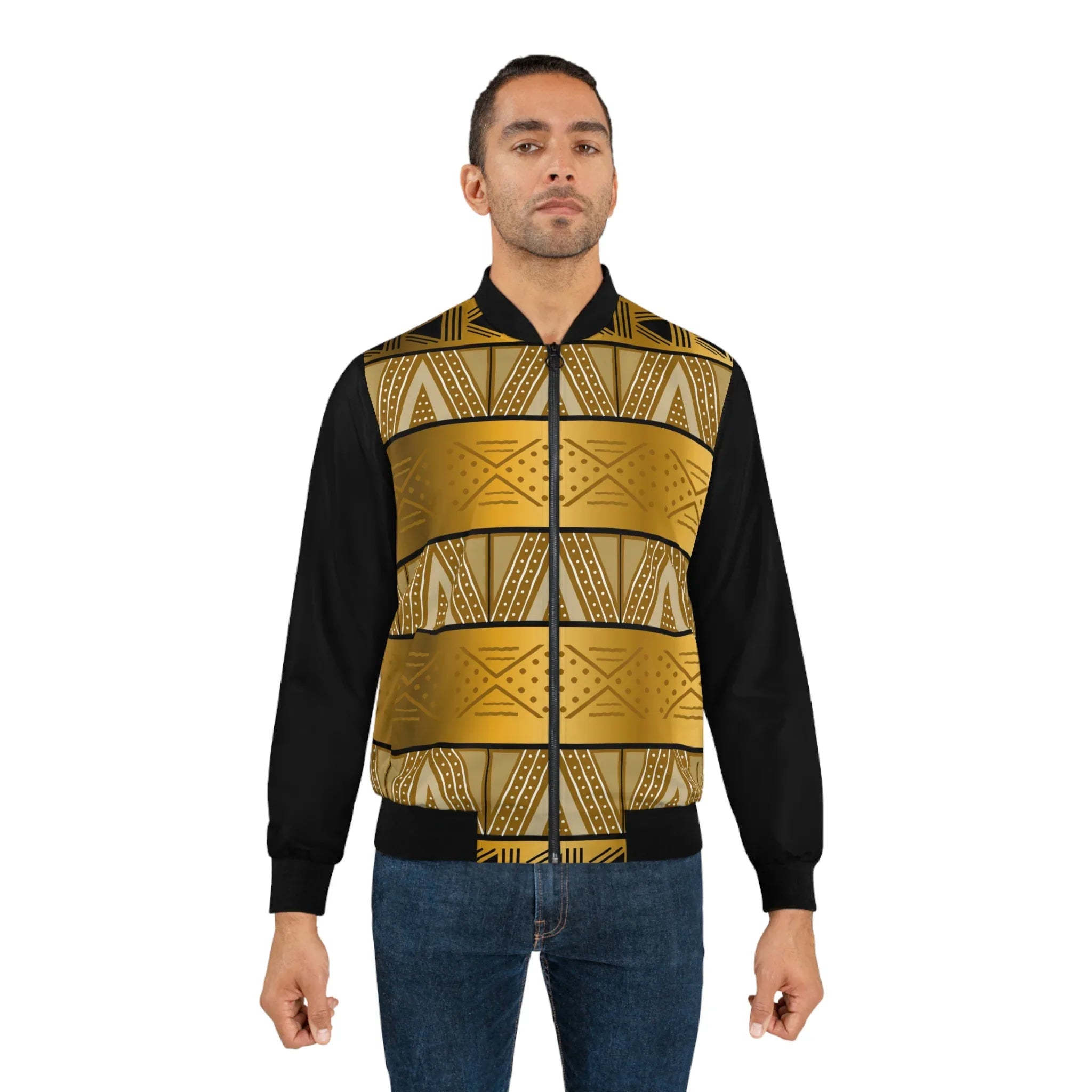 Gold Tribal Pattern Bomber Jacket - DiwaKi