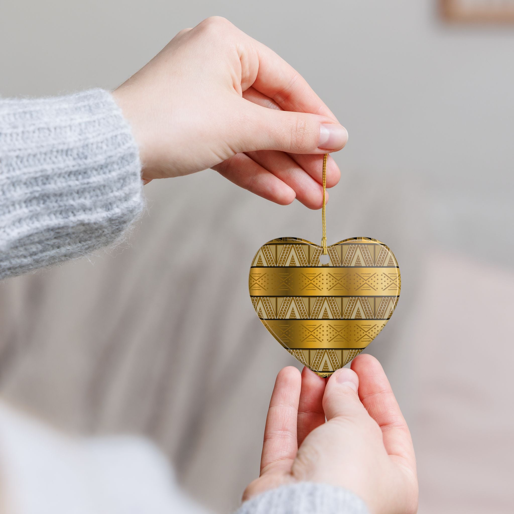 Gold Tribal Heart Ceramic Ornament — Decorative Holiday & Gift Accent
