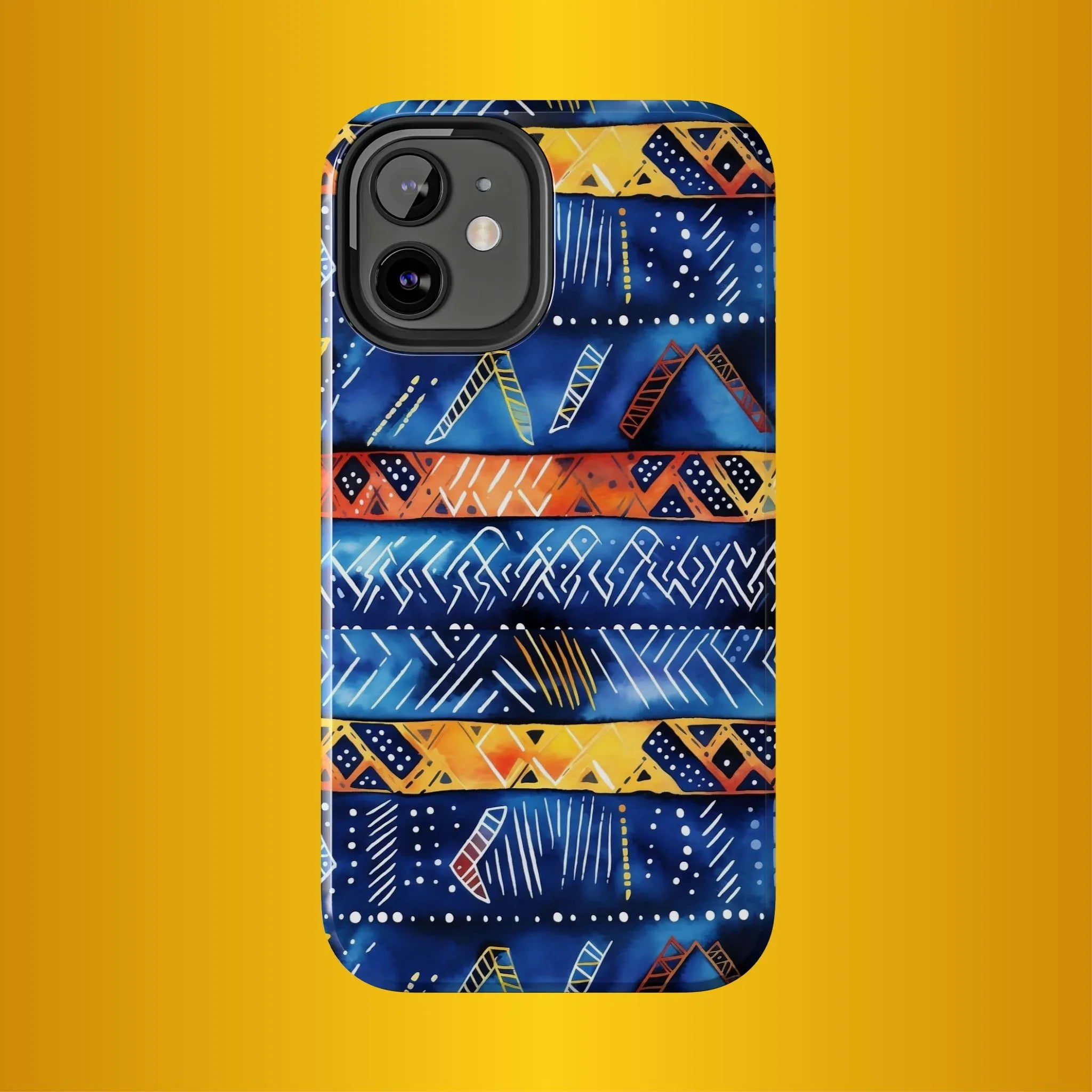 African mudcloth Tribal Indigo Stripe Tough Phone Case — Blue & Orange Geometric Protective Cover - DiwaKi