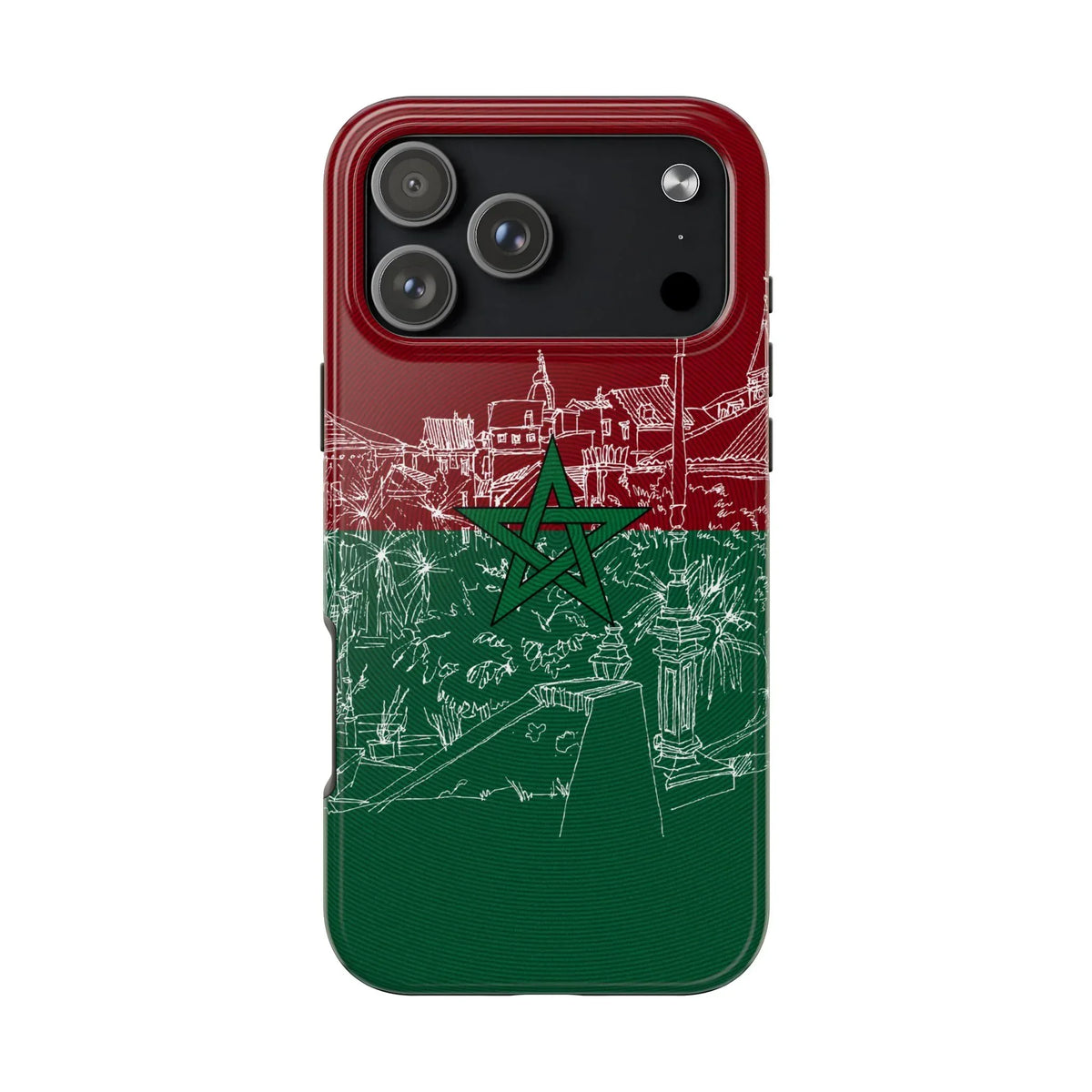 Morocco Flag Sketch Tough Phone Case — Red & Green Casablanca Cityscape - DiwaKi