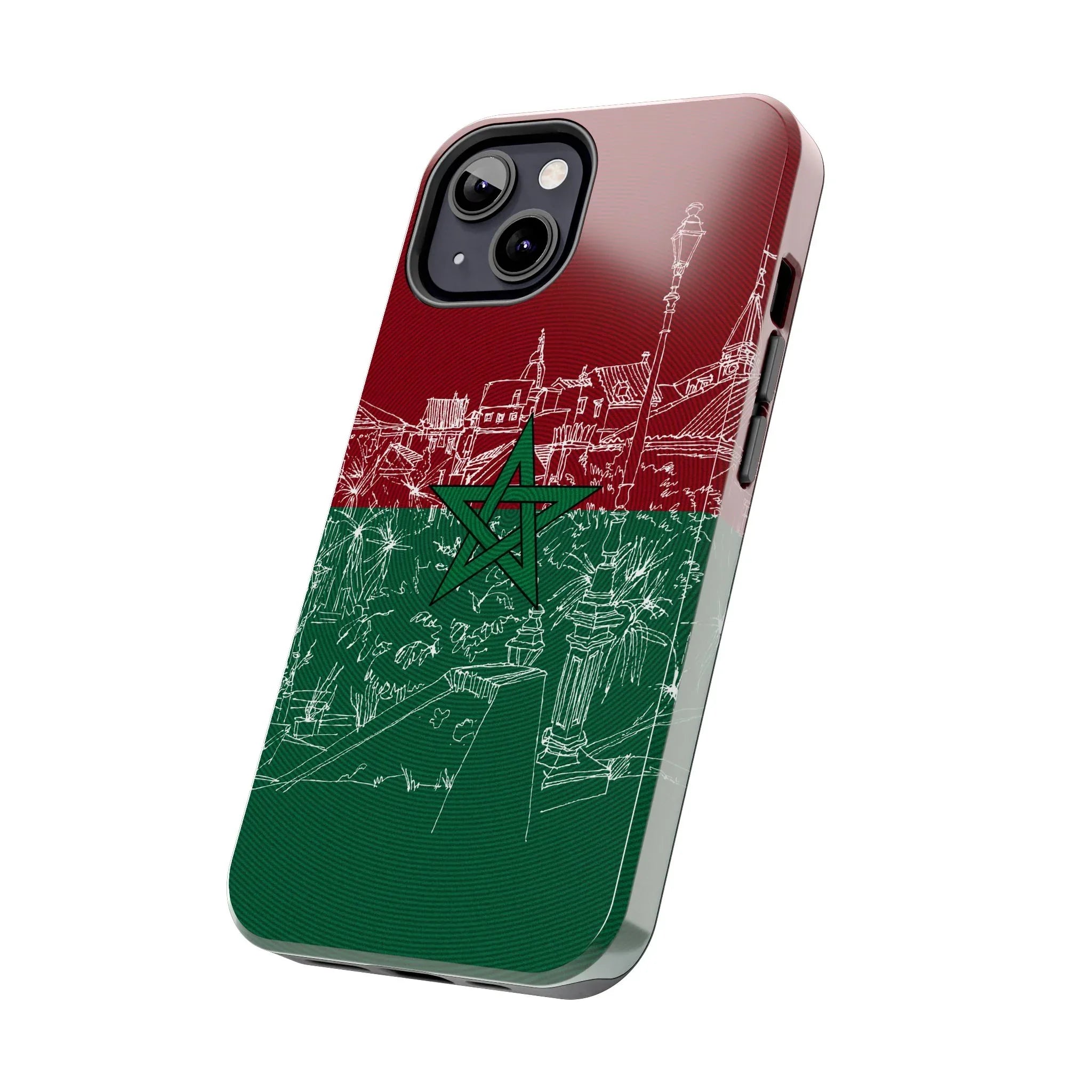 Morocco Flag Sketch Tough Phone Case — Red & Green Casablanca Cityscape - DiwaKi
