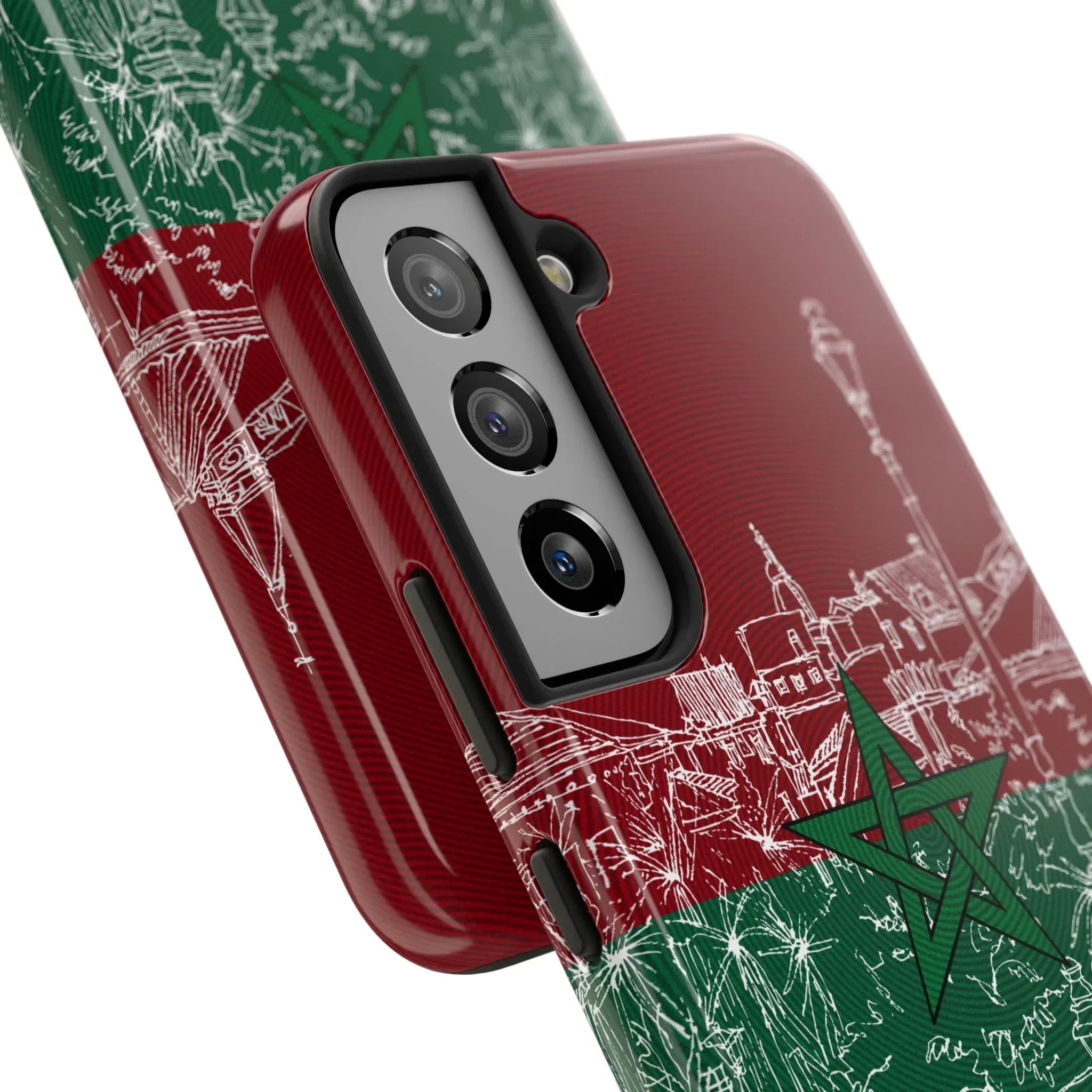 Morocco Flag Sketch Tough Phone Case — Red & Green Casablanca Cityscape - DiwaKi