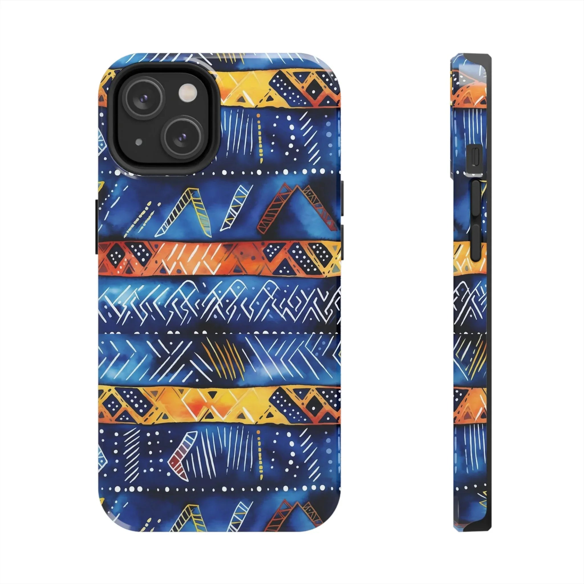 African mudcloth Tribal Indigo Stripe Tough Phone Case — Blue & Orange Geometric Protective Cover - DiwaKi