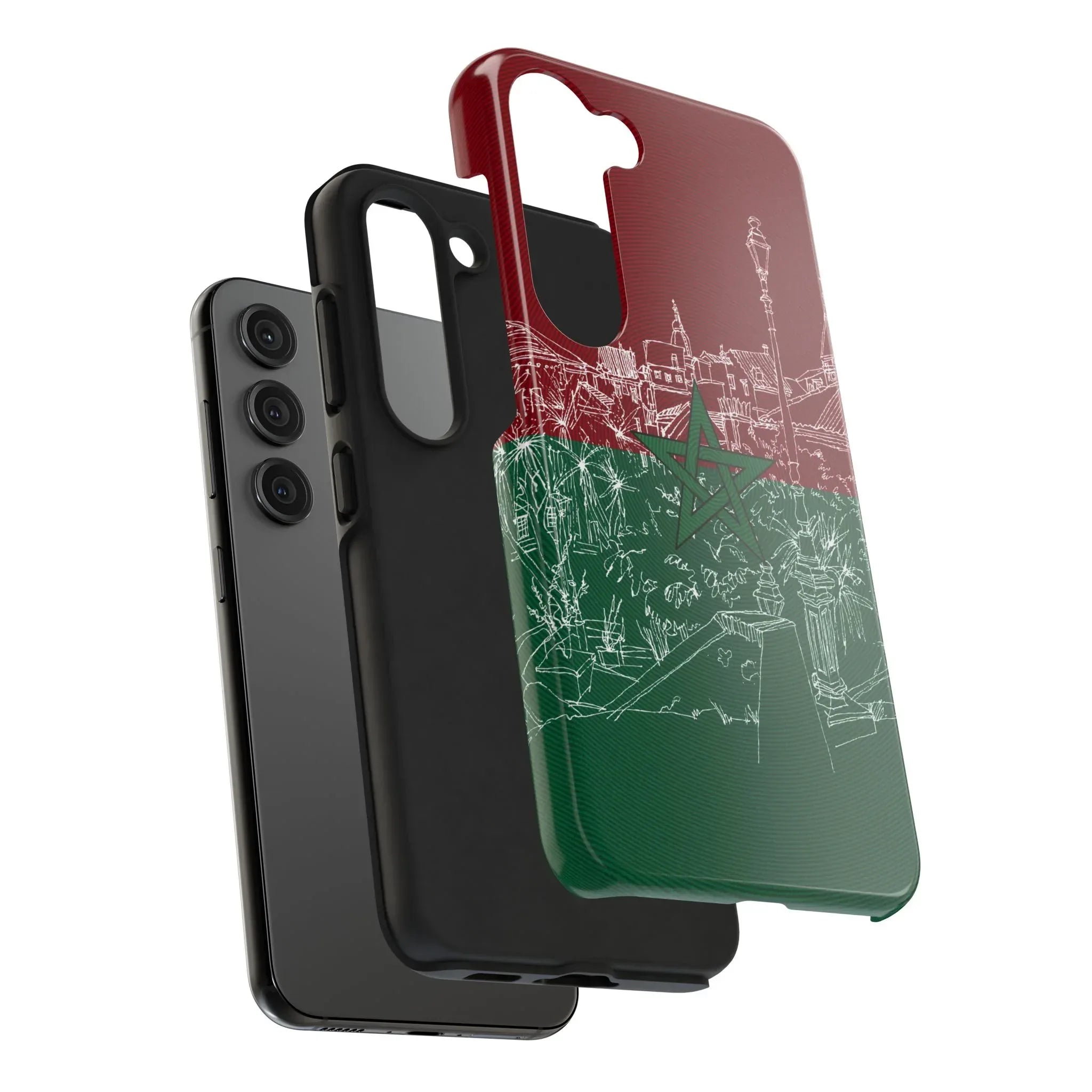 Morocco Flag Sketch Tough Phone Case — Red & Green Casablanca Cityscape - DiwaKi