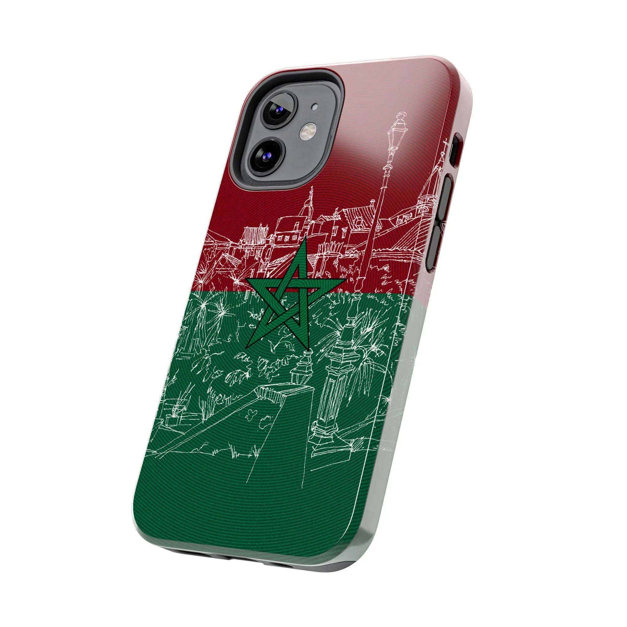 Morocco Flag Sketch Tough Phone Case — Red & Green Casablanca Cityscape - DiwaKi