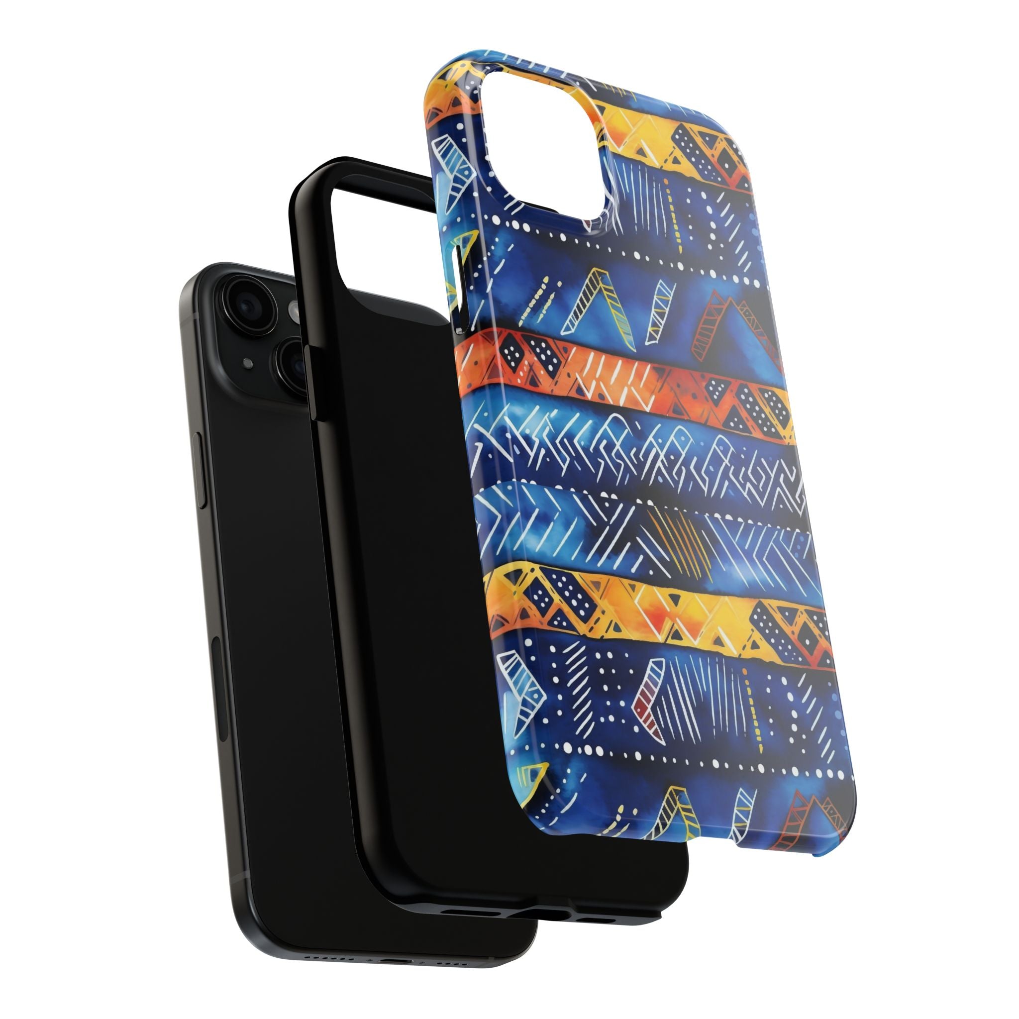 African mudcloth Tribal Indigo Stripe Tough Phone Case — Blue & Orange Geometric Protective Cover
