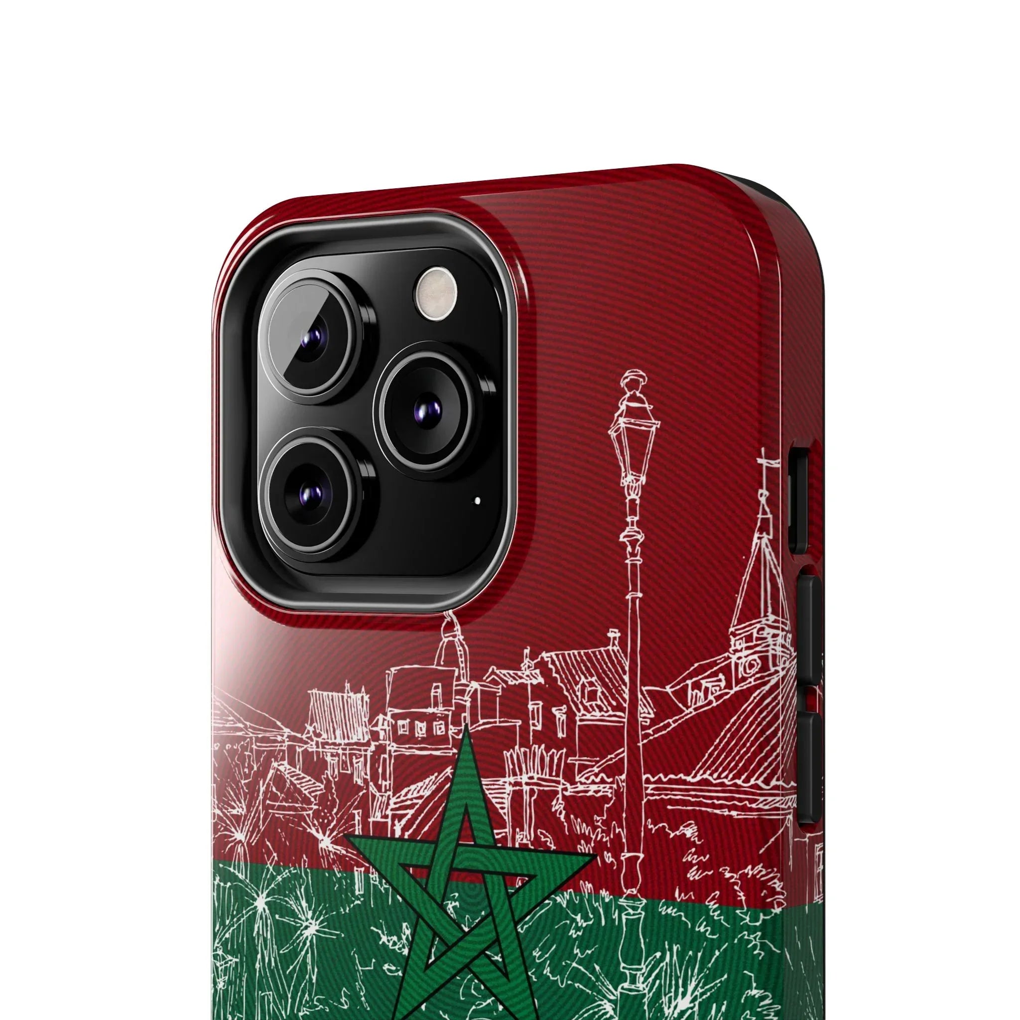 Morocco Flag Sketch Tough Phone Case — Red & Green Casablanca Cityscape - DiwaKi