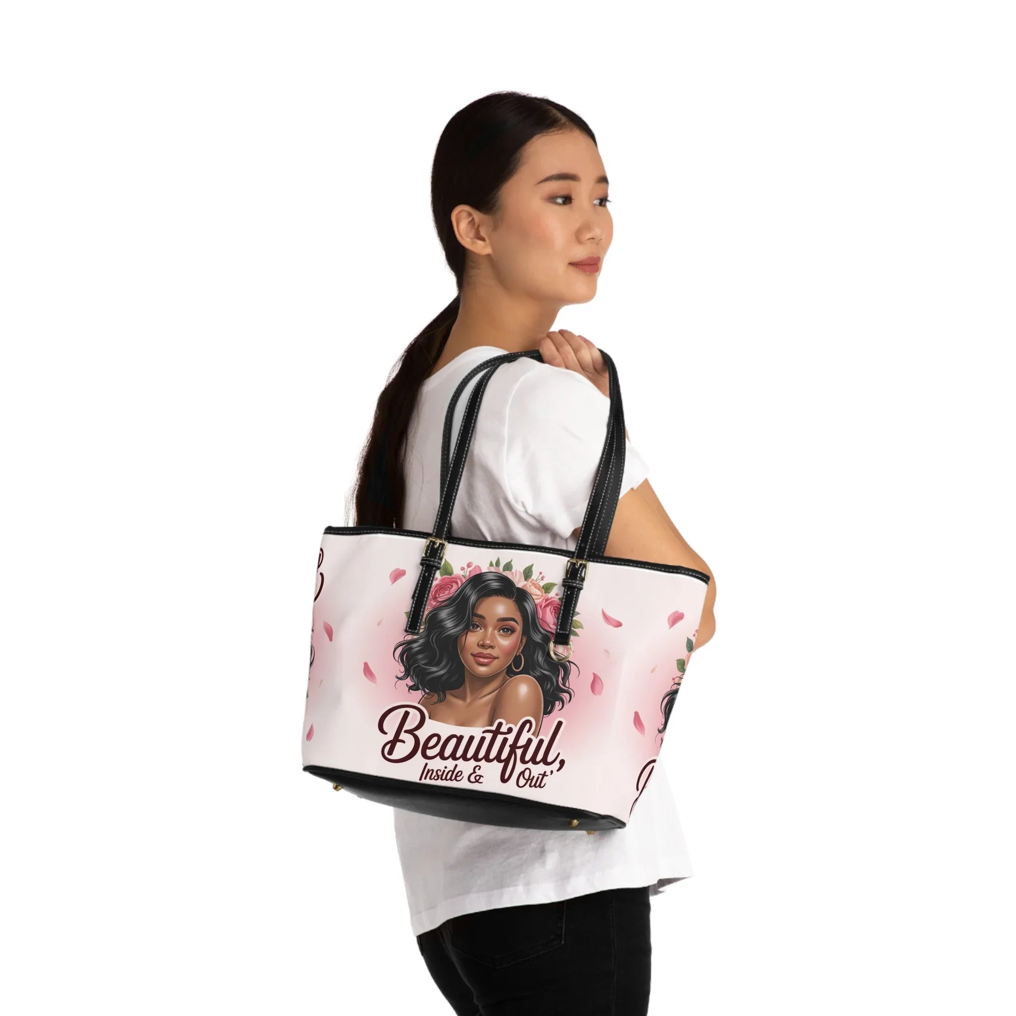 Tote Bag — "Beautiful Inside & Out" Floral Portrait PU Shoulder Tote - DiwaKi