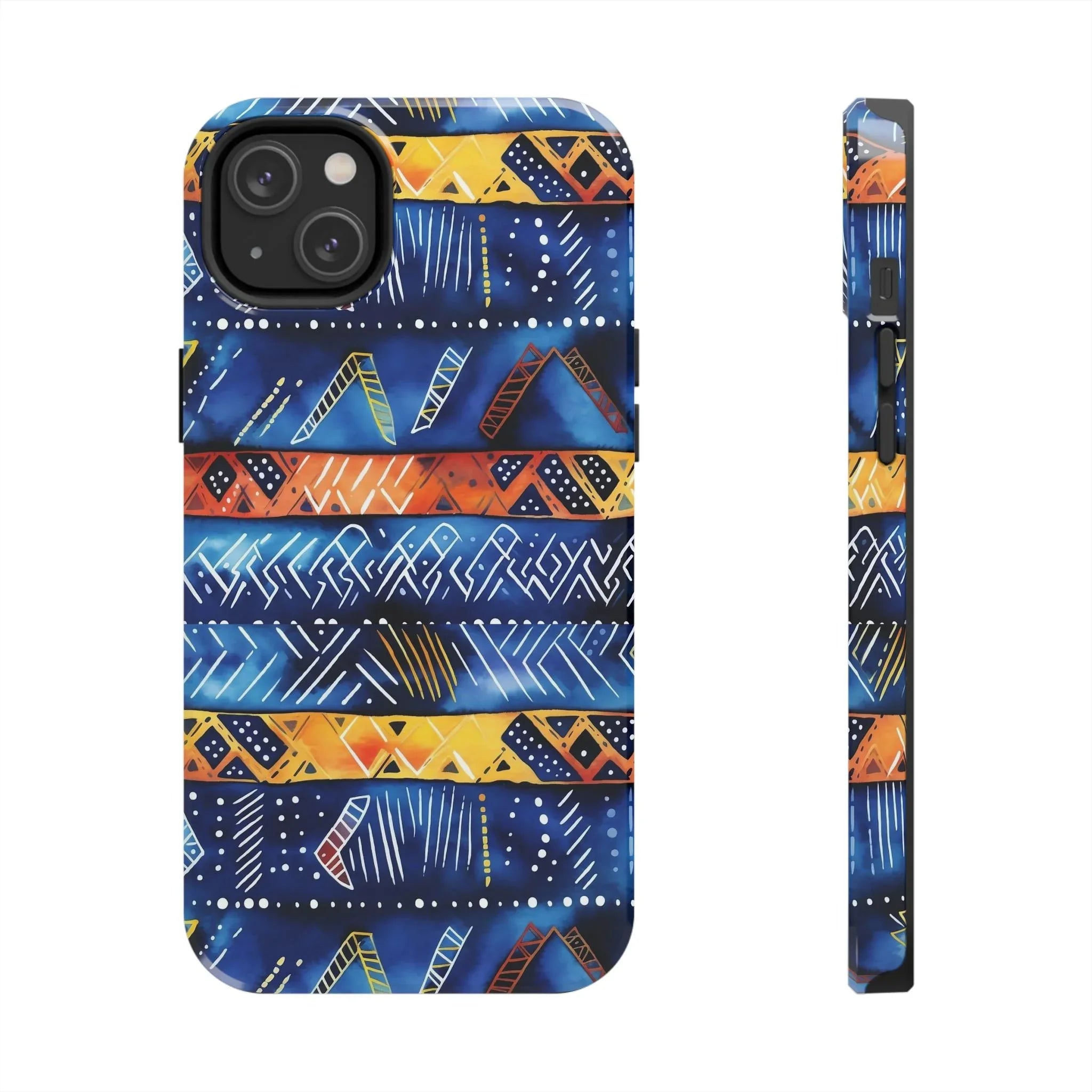 African mudcloth Tribal Indigo Stripe Tough Phone Case — Blue & Orange Geometric Protective Cover - DiwaKi