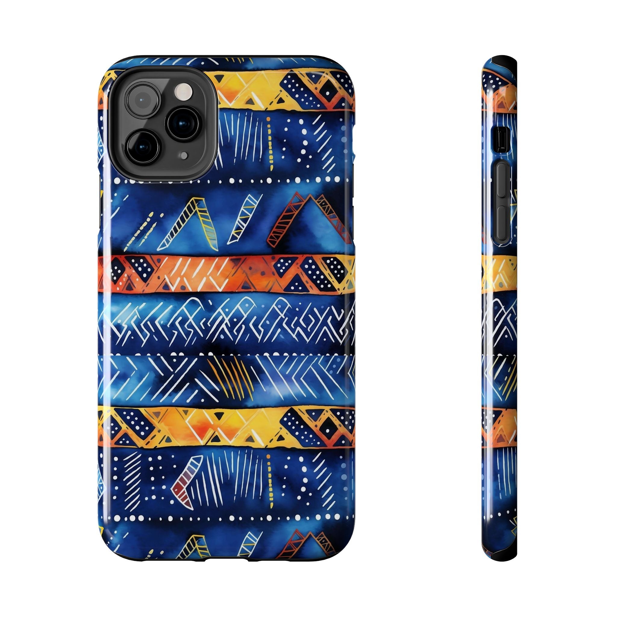 African mudcloth Tribal Indigo Stripe Tough Phone Case — Blue & Orange Geometric Protective Cover