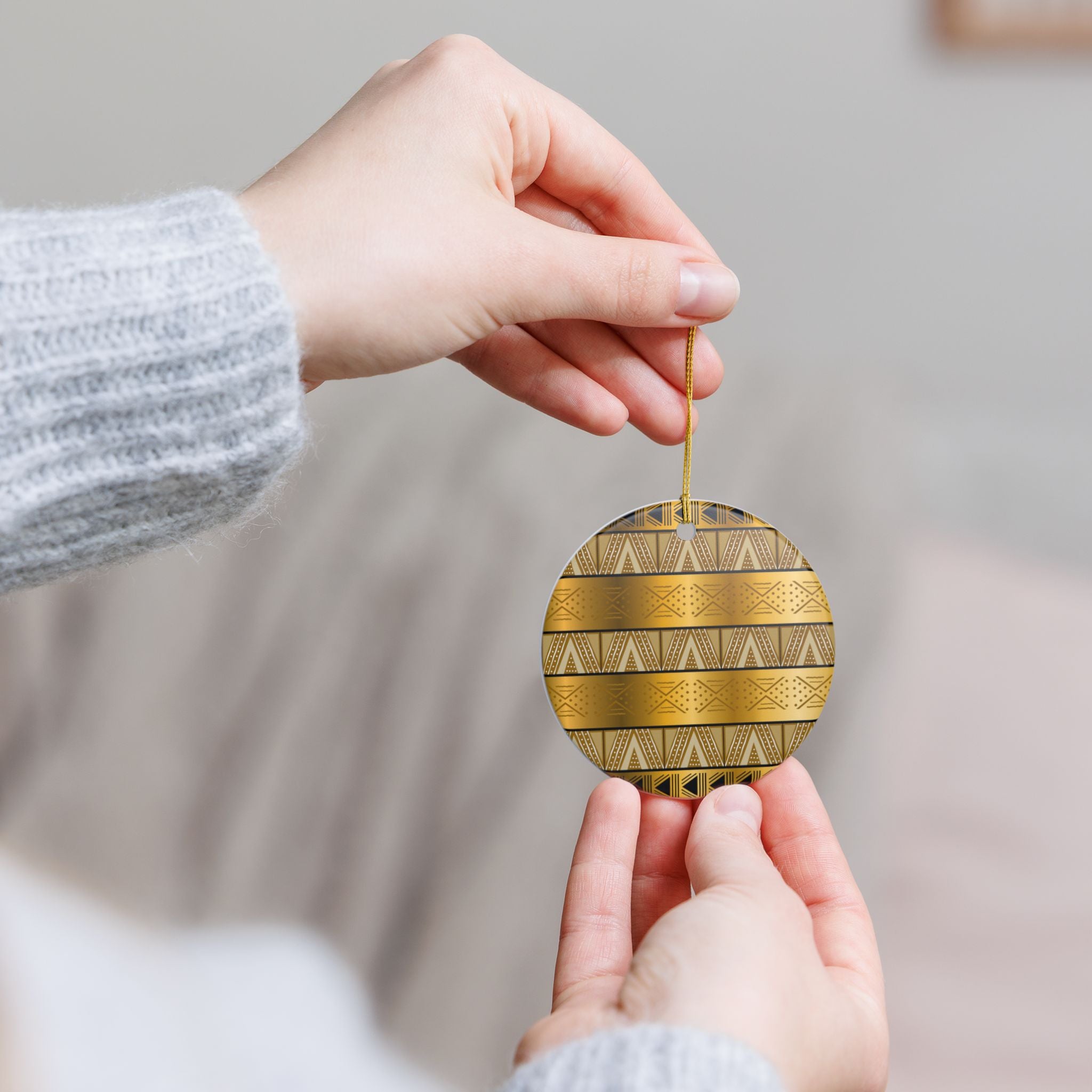 Gold Tribal Heart Ceramic Ornament — Decorative Holiday & Gift Accent